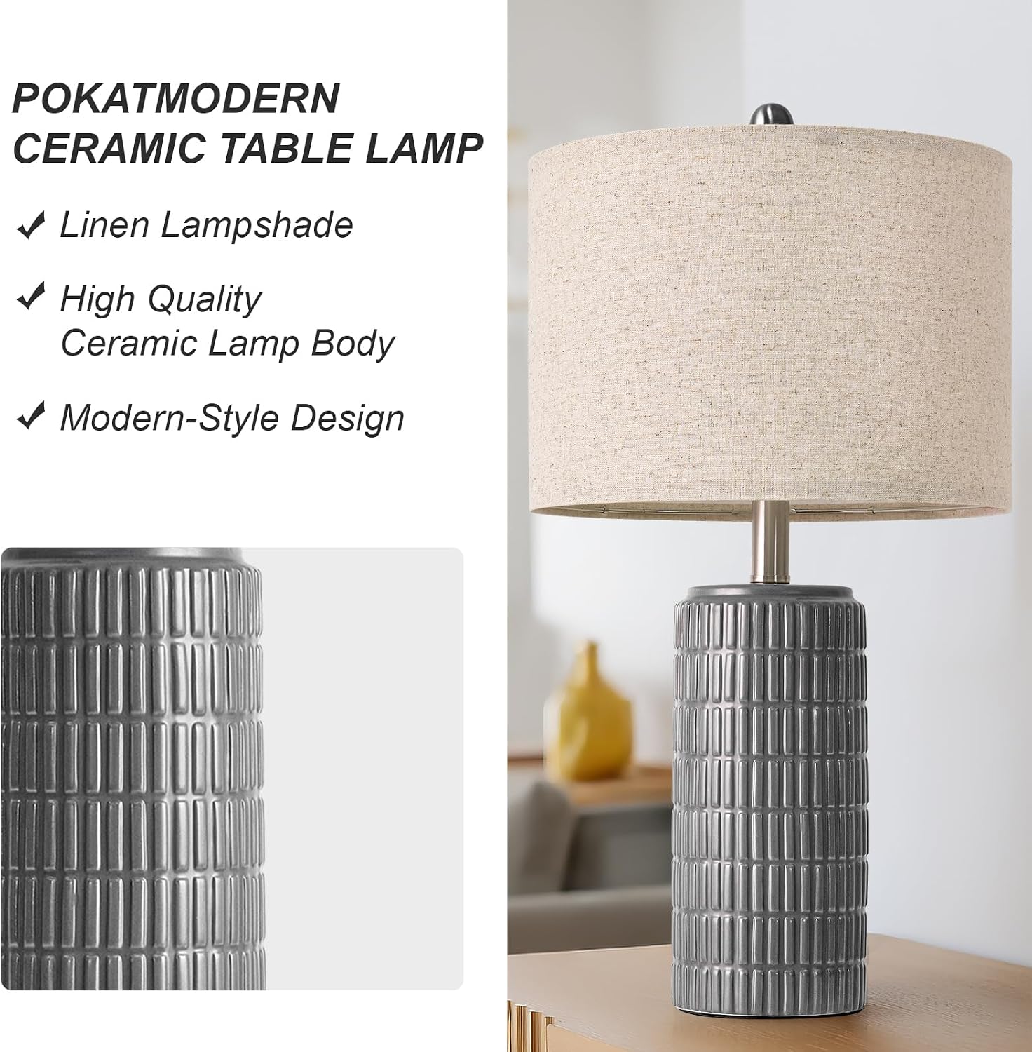 PoKat 23" Ceramic Dark Gray Table Lamps Set of 2 for Living Room, Modern Bedside Lamps for Bedroom, Farmhouse Nightstand Lamp for Home…