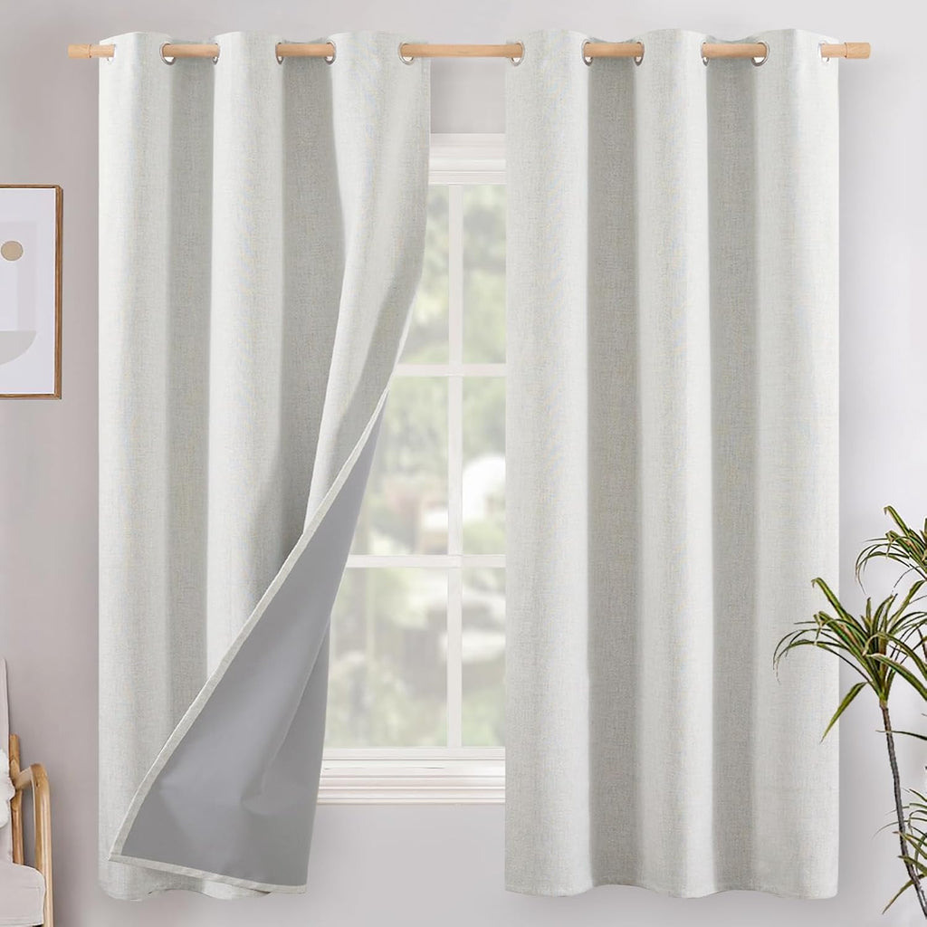 YoungsTex Ivory Linen Blackout Curtains 63 Inch Length for Bedroom, Thermal Insulated Drapes with Grommet Energy Saving Rustic Room Darkeni…