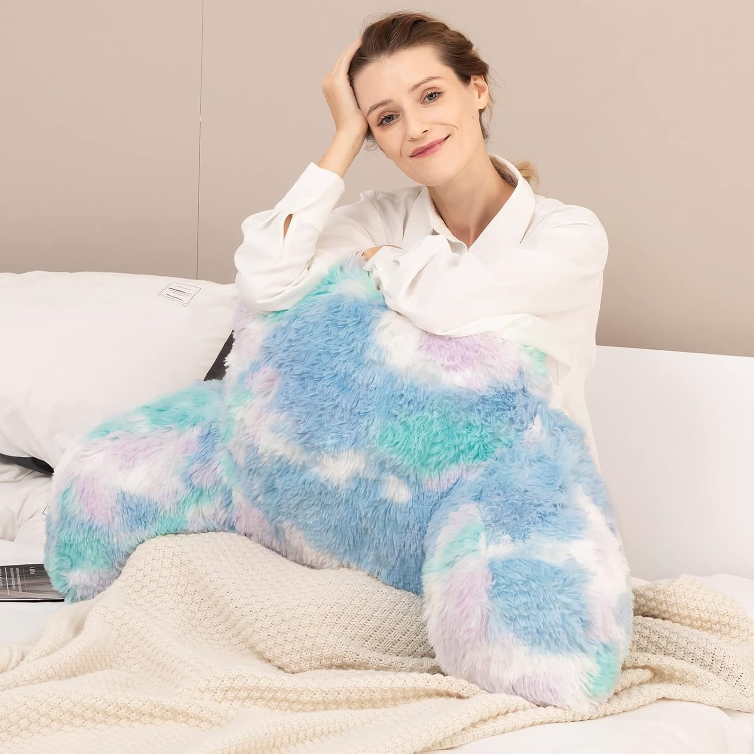 Hobed Life Cozy Fur Backrest Pillow with Arms, 30x17x17 Inch, Filling, Great Back Support Reading Pillow for Kids, Teens & Students, Well M…