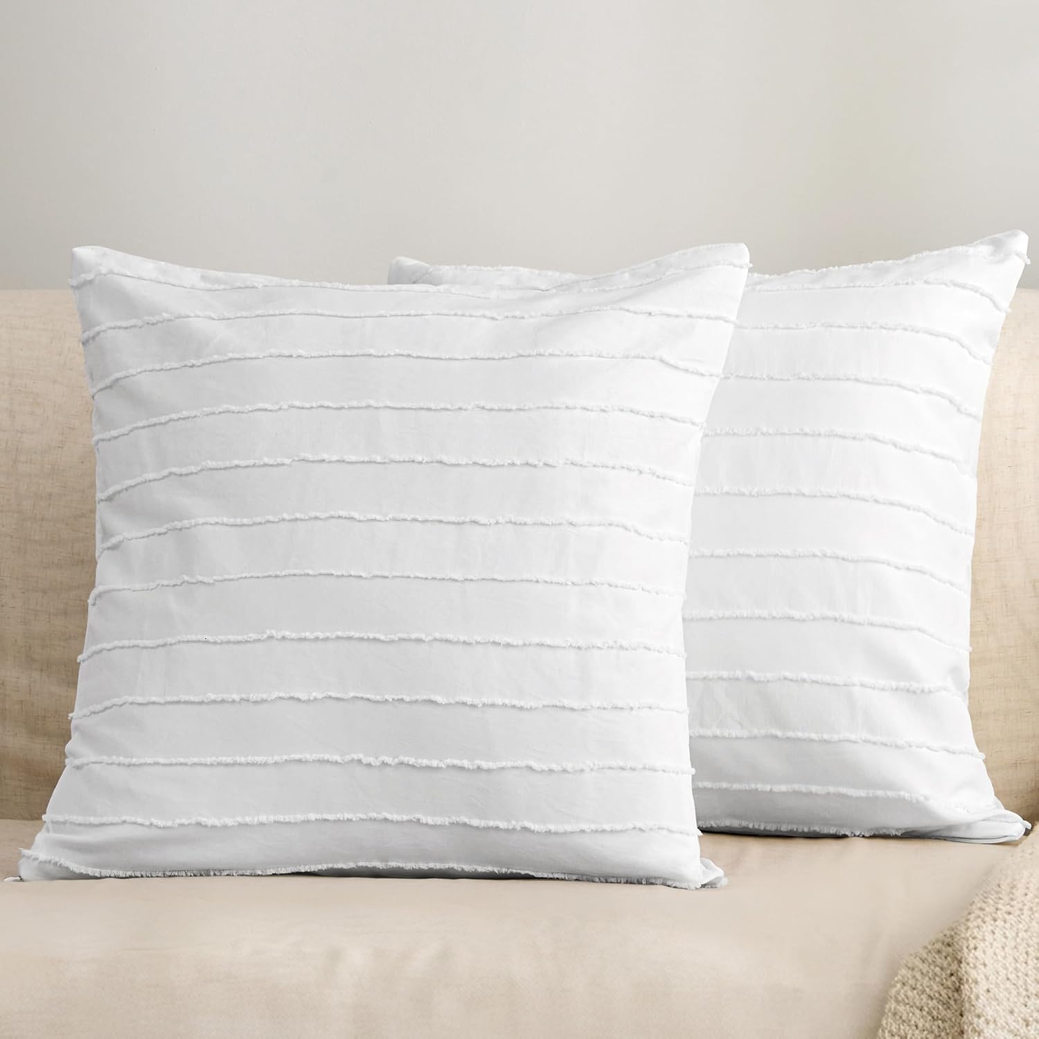 Jellymoni 2 Pack White Pillowcases 18" x18", Soft Microfiber Striped Tufted Pillow Covers(Pillows are not Included) 2 Pack 18 inches White