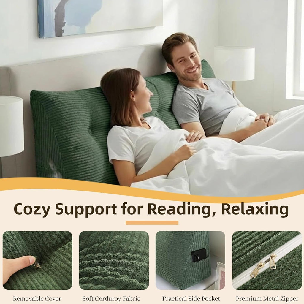 Wedge Reading Pillow Headboard Queen Size, Headboard Bolster Pillow for Bed, Triangular Backrest Cushion with Removable Corduroy Cover…