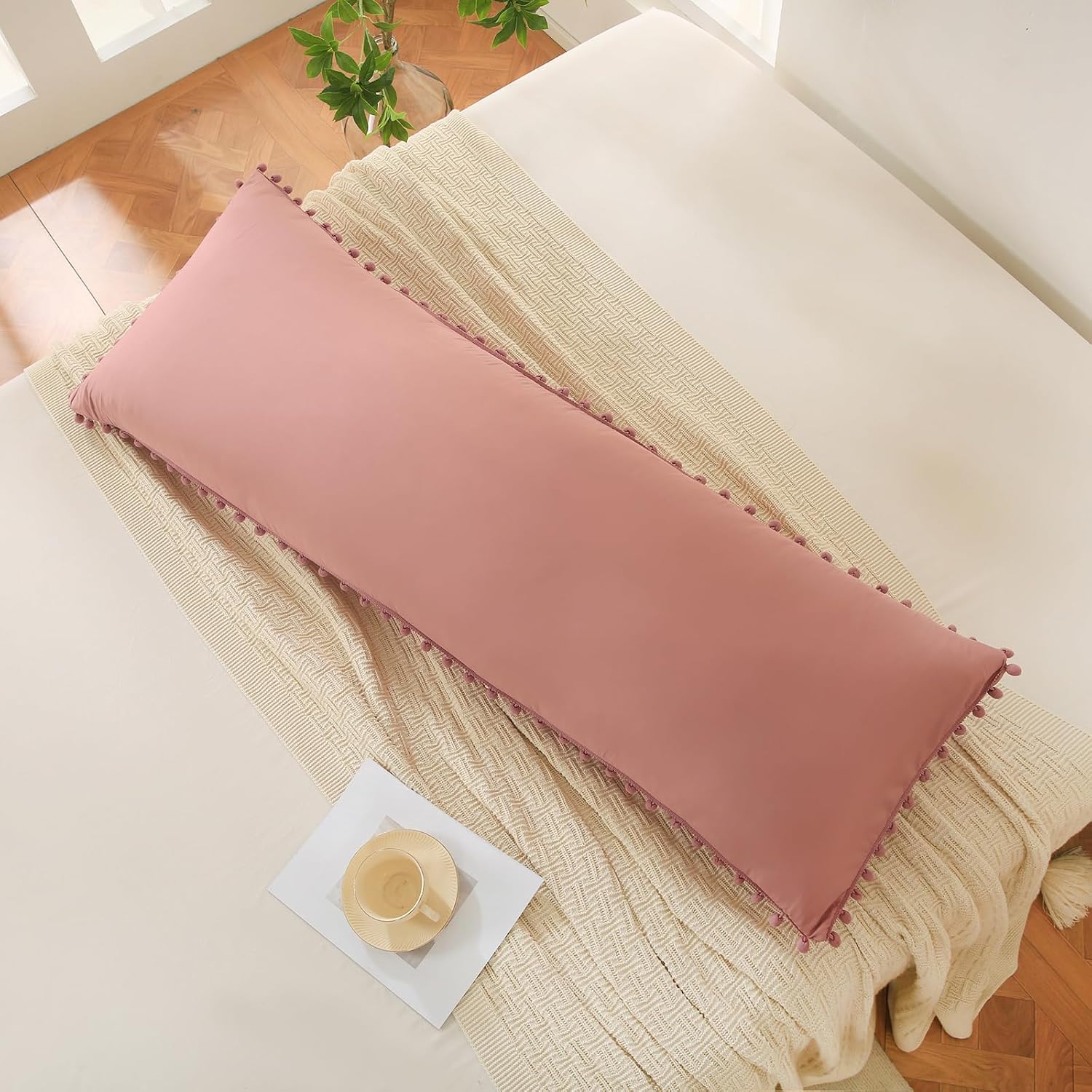 Moveover Bean Paste Pink Body Pillow Cover 20x54 Body Pillow Cover Cute Pom Poms Fringe Design Boho Chic Decor Long Pillow Case Cover with…