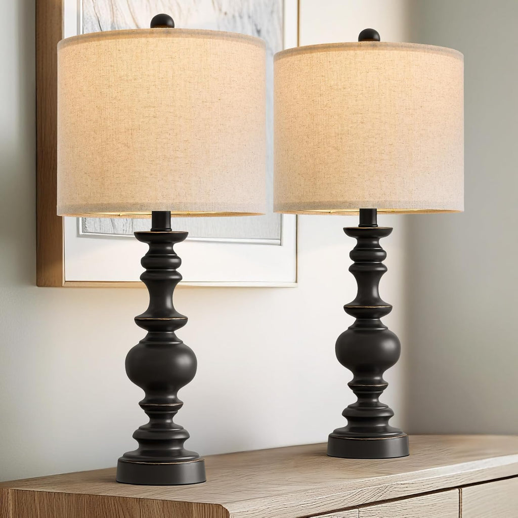 BOBOMOMO 24" Traditional Farmhouse Table Lamp Set of 2, Vintage Resin Lamps for Living Room Bedroom, Rustic Nightstand Lamp with Linen…