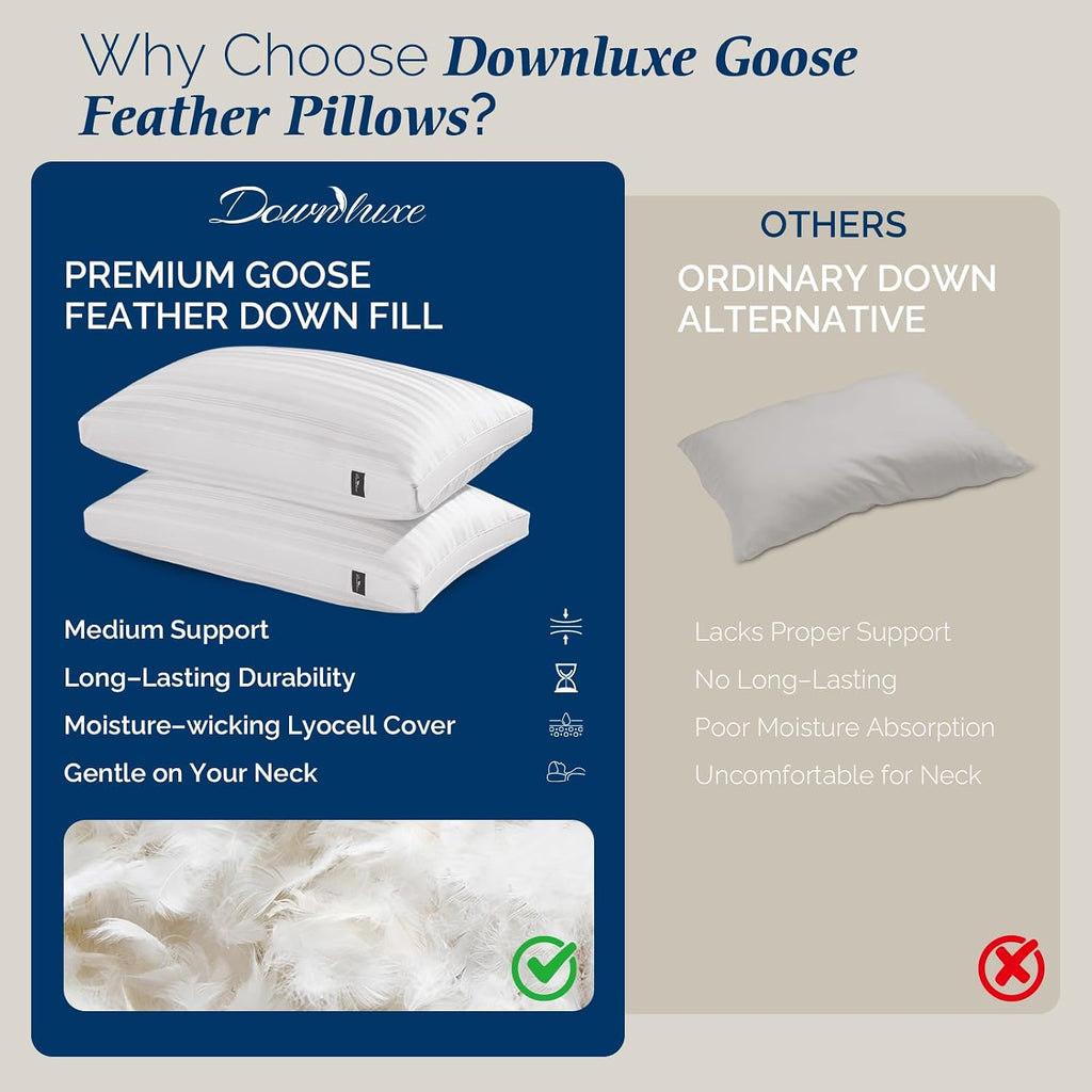 Downluxe Goose Feather and Down Pillows - 2 Pack Gusseted Hotel Collection Feather Pillows Set of 2 for Back, Stomach or Side Sleepers, Kin…