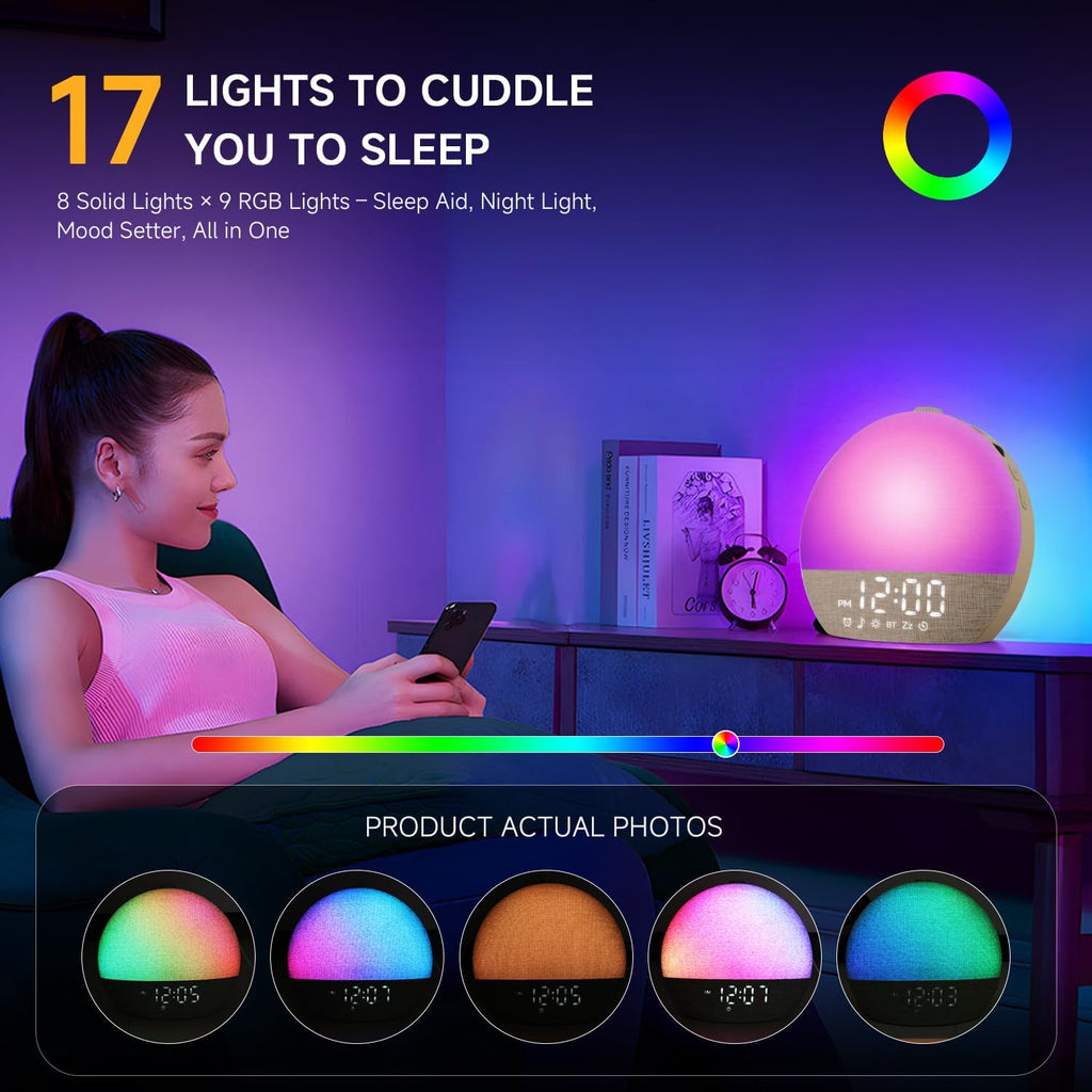 Geuuap Sunrise Alarm Clock White Noise Sound Machine for Bedroom | Natural Wake-Up Light with 30 Soothing Sleep Aids, Bluetooth Speaker…