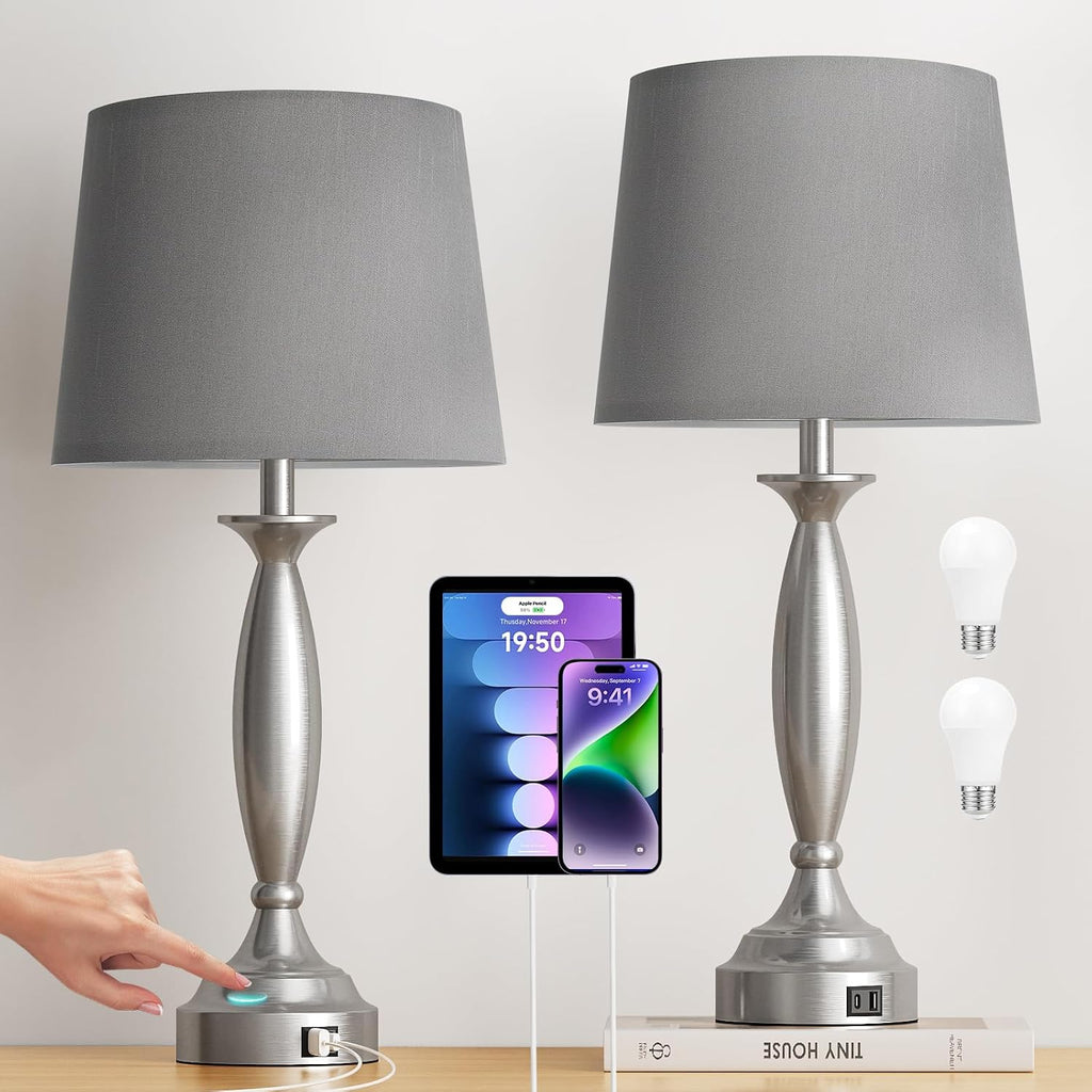 Seealle 25.5" Touch Bedside Lamps for Nightstand Set of 2 - Bedroom Lamps with USB C+A, 3 Way Dimmable Nightstand Lamps, Brushed Nickel…