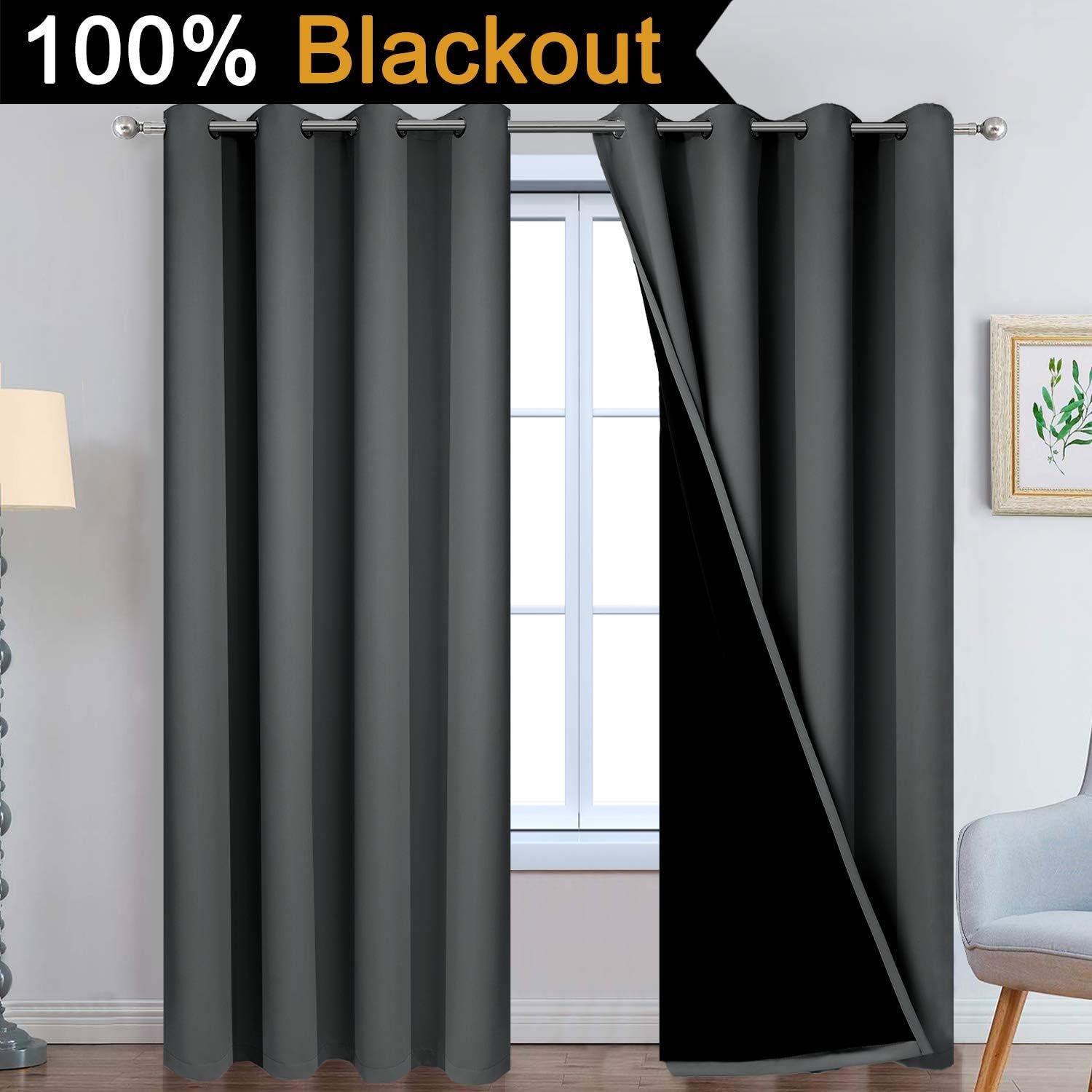 Yakamok Full Shade Curtain Panels, Heavy Duty Lined Curtains 90 Inches Long, Thermal Insulated Room Darkening Curtains with Black Liner for…