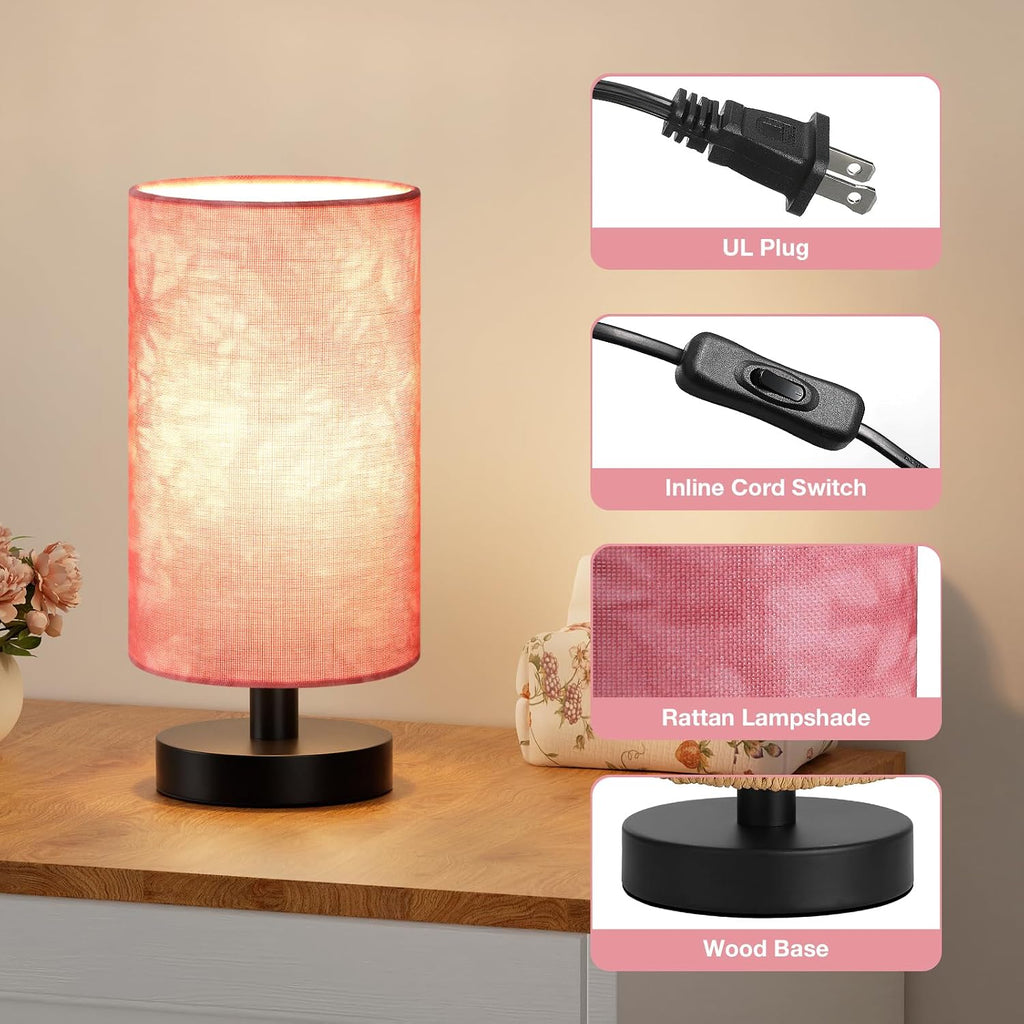 Fenmzee Small Table Lamp for Bedroom - Inline Control, Bedside Lamp with 3000K A15 LED Blub, Easy Assembly (Pink Shade - Black Base, 9"…