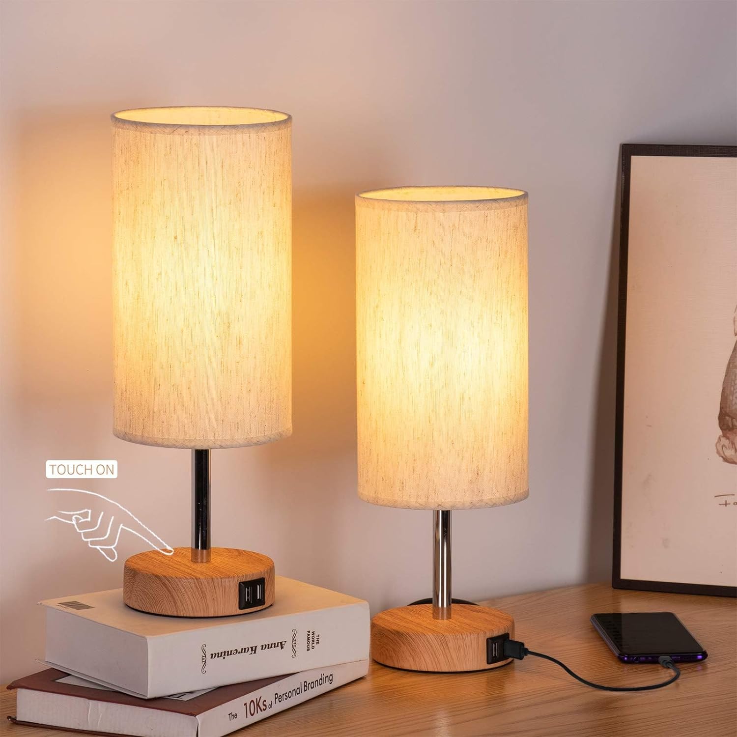 Yarra-Decor Bedside Lamps with USB Port - Touch Control Table Lamp for Bedroom Wood 3 Way Dimmable Nightstand Lamp Set of 2 with Round…
