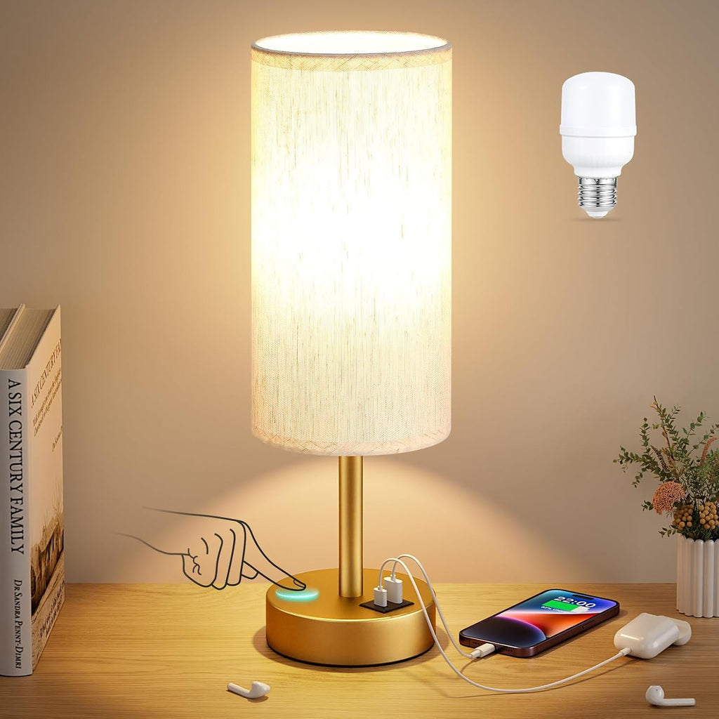 Dicoool Small Touch Bedside Lamp with USB - 3 Way Dimmable Gold Table Lamp for Bedroom, Nightstand Lamp with Gold Charging Station for…