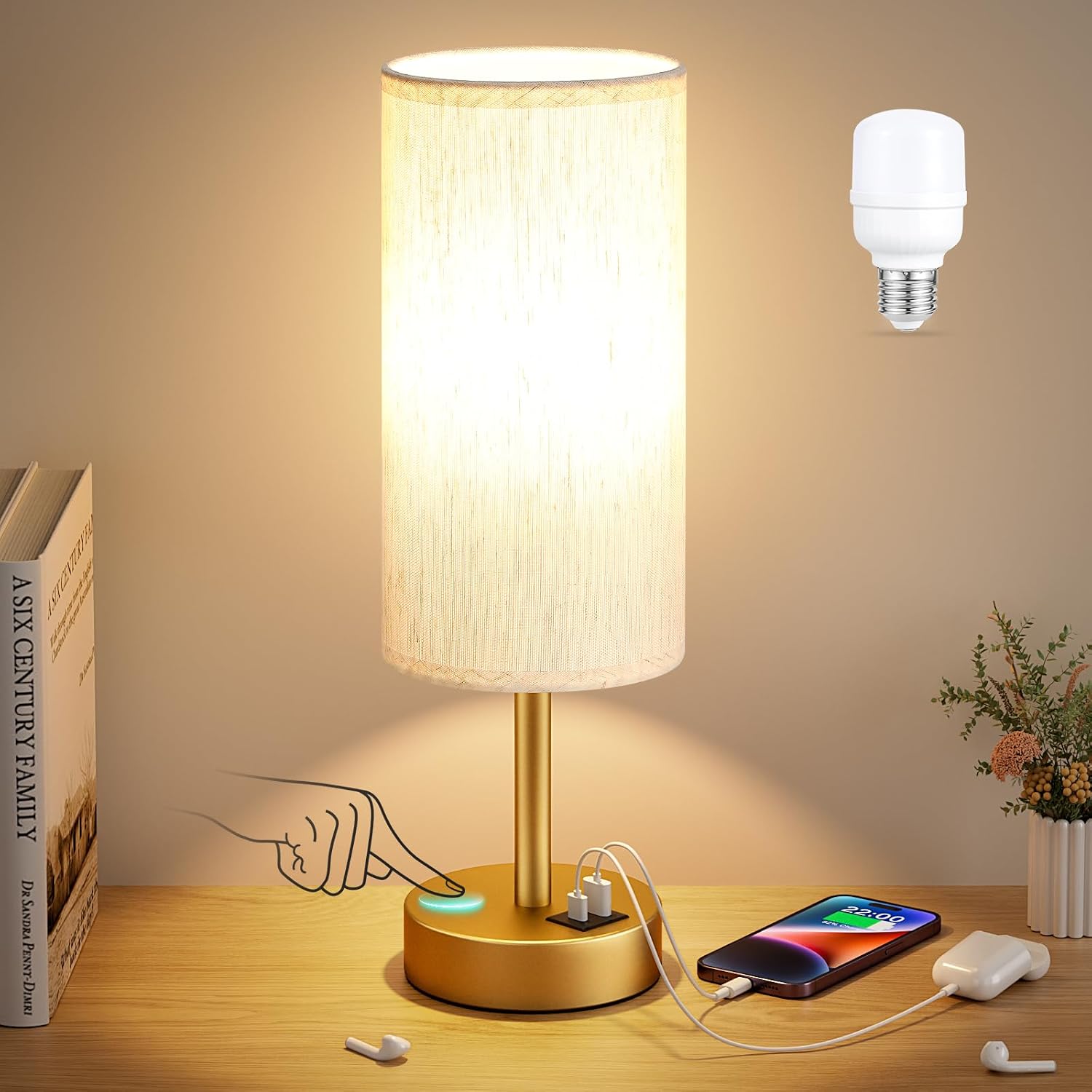 Dicoool Small Touch Bedside Lamp with USB - 3 Way Dimmable Gold Table Lamp for Bedroom, Nightstand Lamp with Gold Charging Station for…
