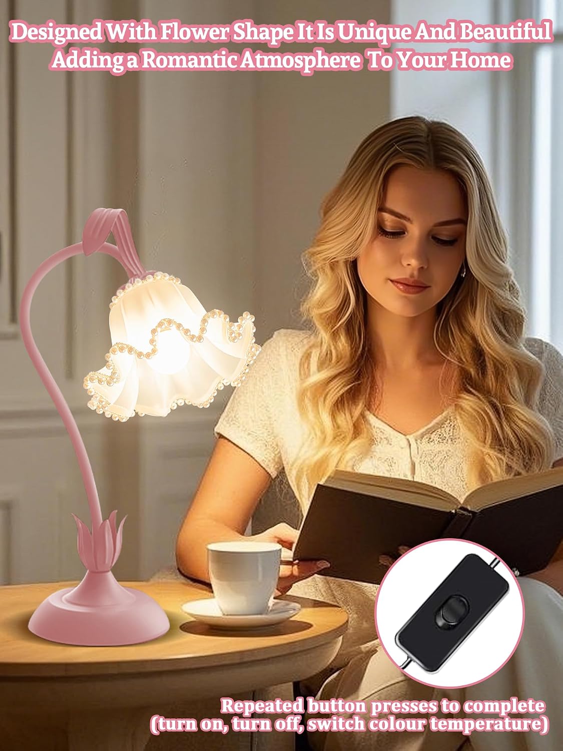 Flower Table Lamp Bedside Lamps LED Reading Light,3 Color Modes Cute Small Lamp, Vintage Flower Lamp Kawaii Table Lamp for Bedroom Living…