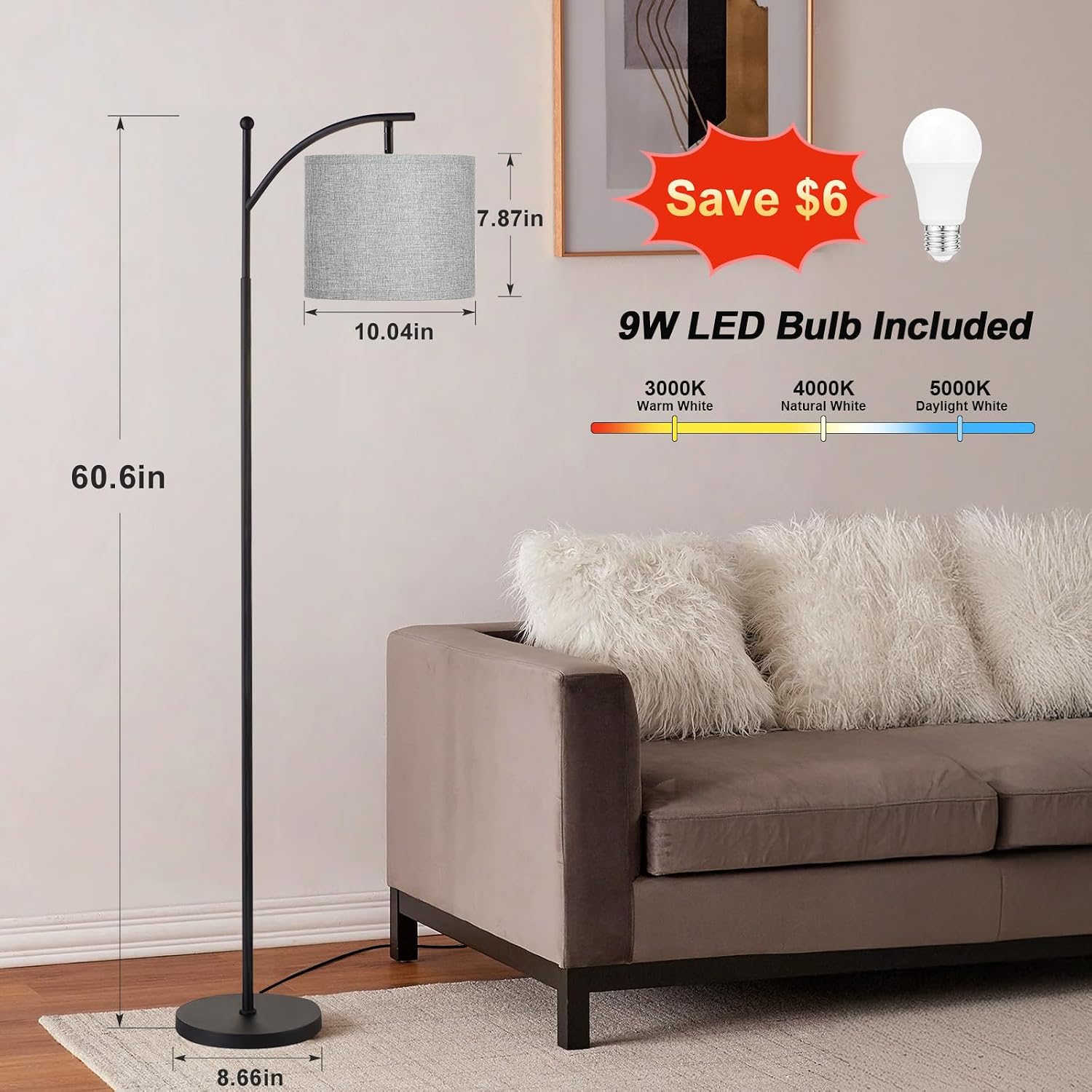 Ambimall 60" Floor Lamp for Living Room with 3 Color Temperatures, Adjustable Grey Shade with Black Pole, Tall Lamp for Bedroom Office…