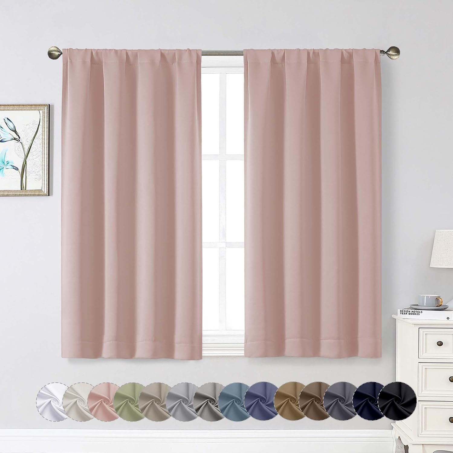 WelvetBLK Blush Room Darkening Curtains for Bedroom Living Room 45 Inch Length 2 Panels Set, Soft Solid Thermal Insulated Rod Pocket Short…