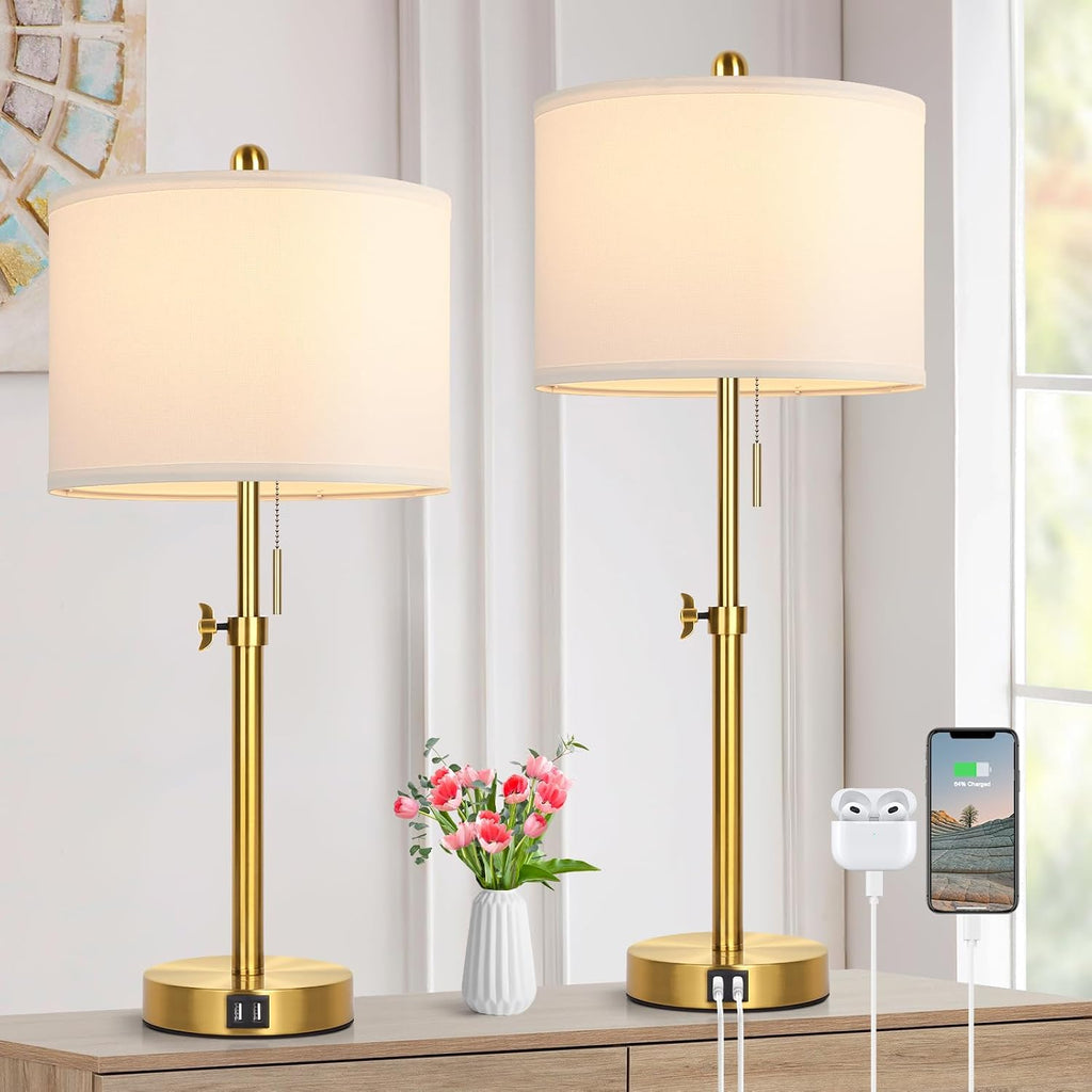 Kondras Table Lamp Set of 2, Bedside Lamp with 2 USB Ports, Gold Tall Table Lamp for Living Room End Tables, 23" to 30" Height Adjustable…