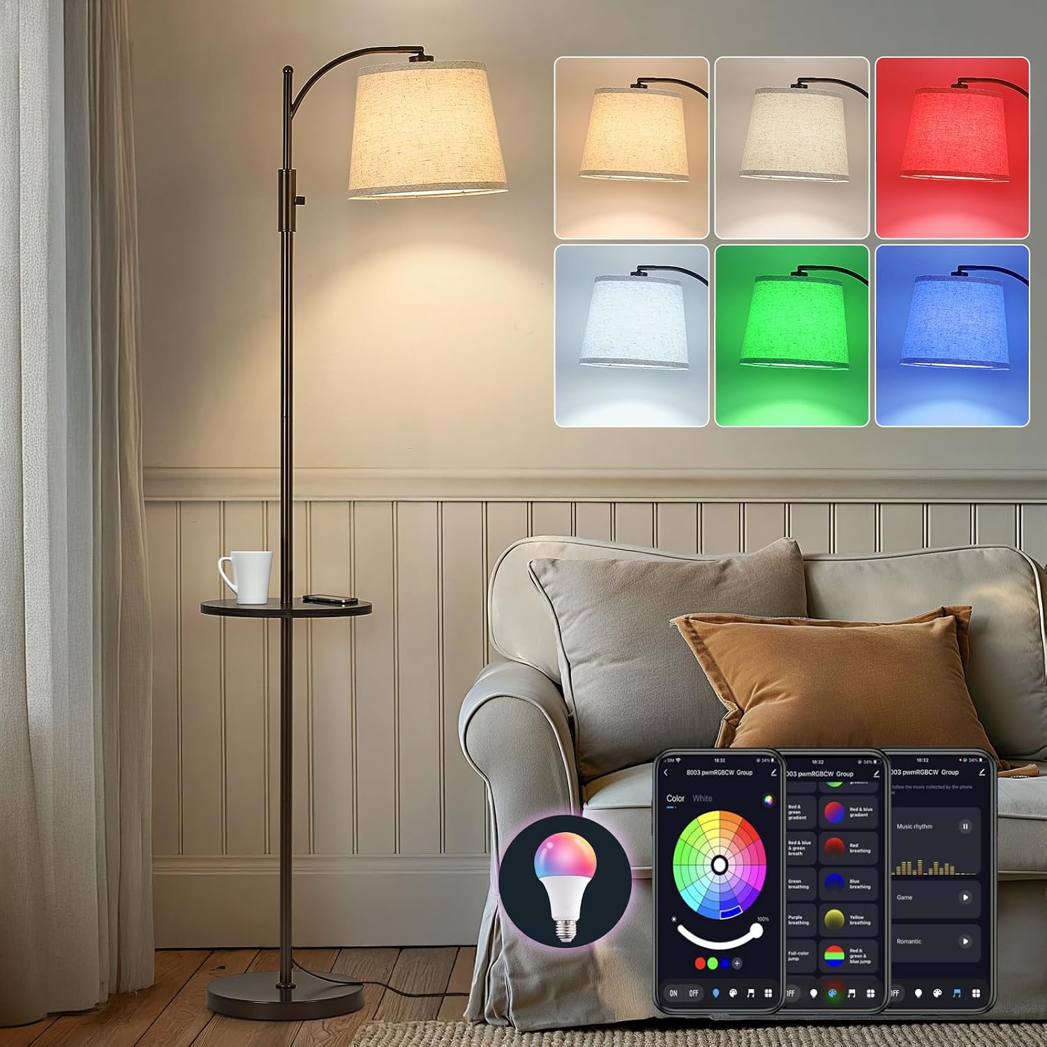 LightingyourhomeandLifewithus AIDENOEY Smart Floor Lamp with Side Table | Stepless Dimming, RGB Multi-Color | Adjustable Swivel Head | Voic…