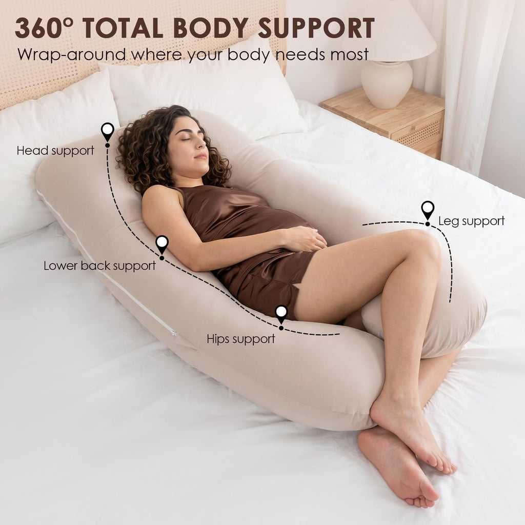Queenrose QUEEN ROSE U Shaped Pregnancy Pillow, Breathable Cotton Full Body Support for Maternity, Ivory Cotton