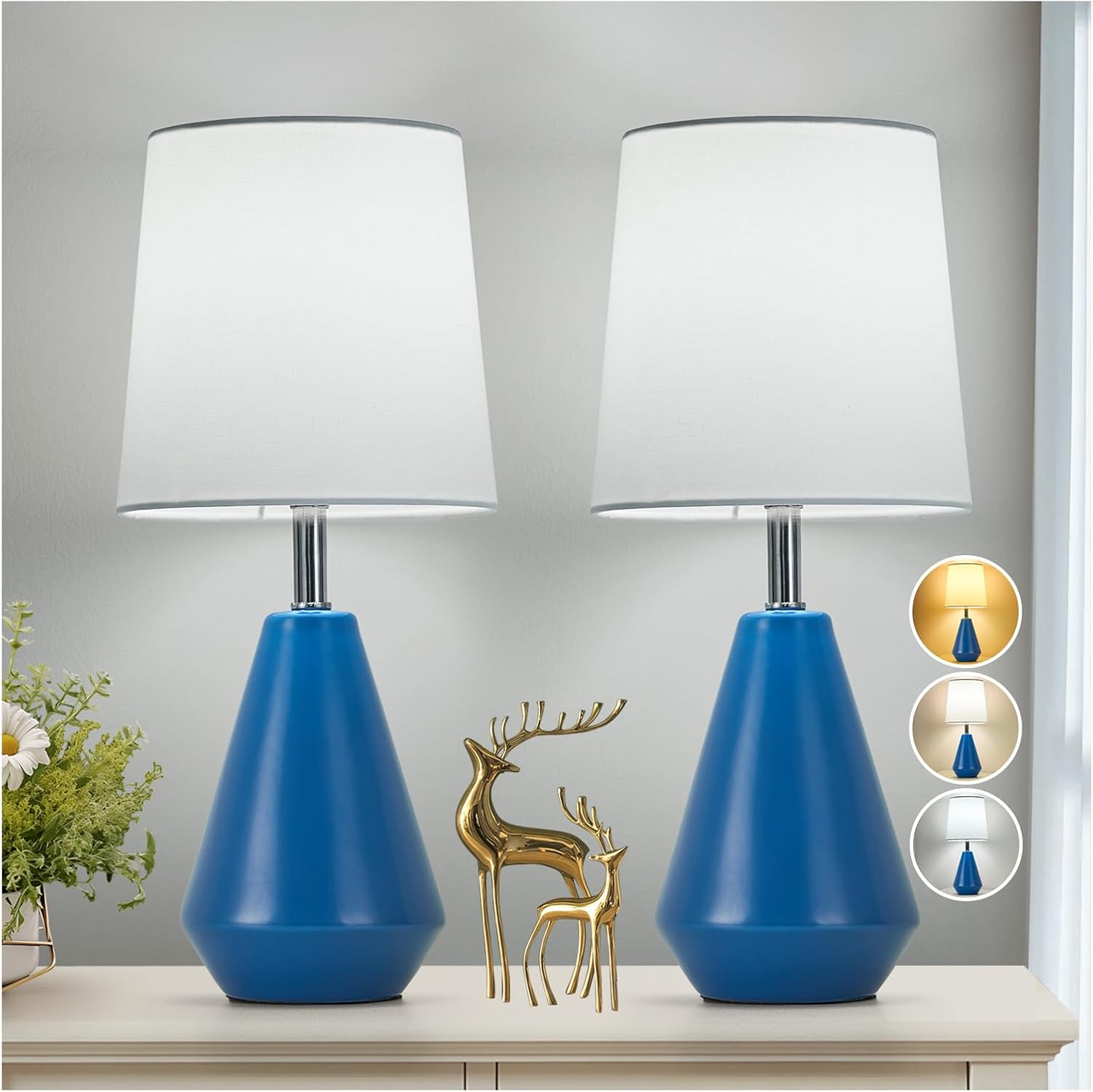 Small Bedside Table Lamp for Bedroom-Reading Desk Lamp Set of 2, with 3 Color Temperatures,15.5" Nightstand Ceramic Lamp with Fabric Shade…