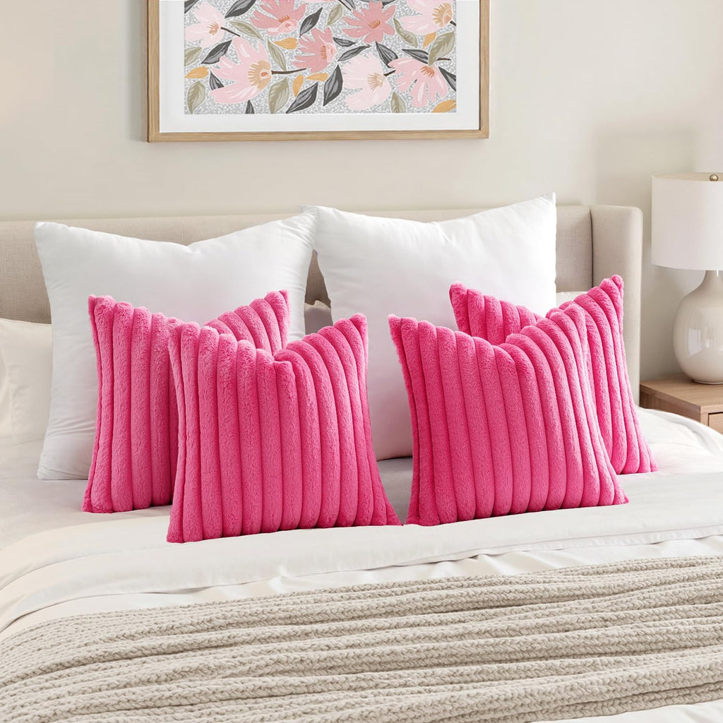 Miulee Faux Fur Plush Decorative Throw Pillow Covers 18x18 Set of 4, Spring Modern Soft Fuzzy Striped Cushion Covers for Sofa Couch Bed Liv…