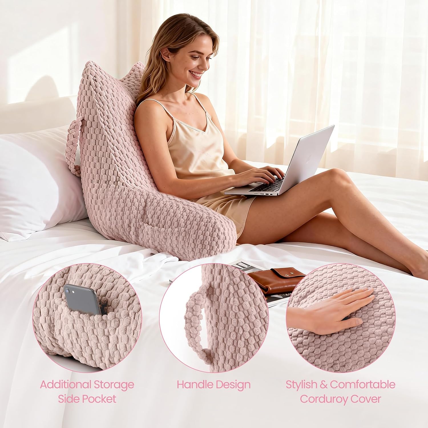 Yagamo Yaagmo Large Reading Pillow for Bed Sitting Up, Corduroy Backrest Pillow with Shredded Memory Foam Filling, Back Support Cush…