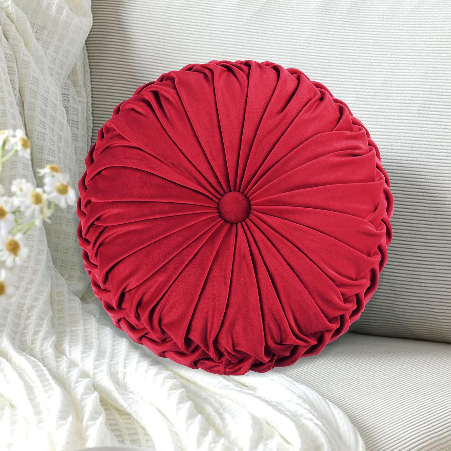 HIG Set of 2 Red Ruched Velvet Round Throw Pillows – 14.5’’ Decorative Pillows with Soft Polyester Filling for Couch, Bed, Living Room…