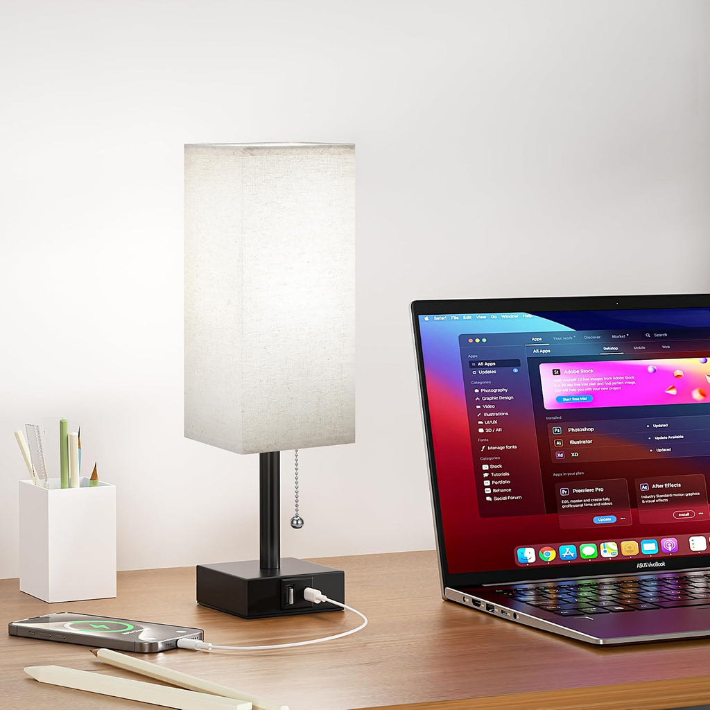 Aooshine Small Linen Bedroom Lamp - 3 Color Temperature 3000K 5000K 4000K Bedside Lamp, Pull Chain Control, USB A and C Charging Ports, Bla…
