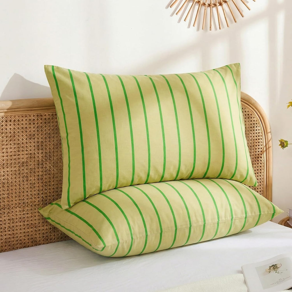 Merryword 100% Cotton Pillow Cases, Standard Size Pillowcases, Khaki & Green Striped Pillowcases, Luxury Linen Like Pillowcase, Soft Breath…