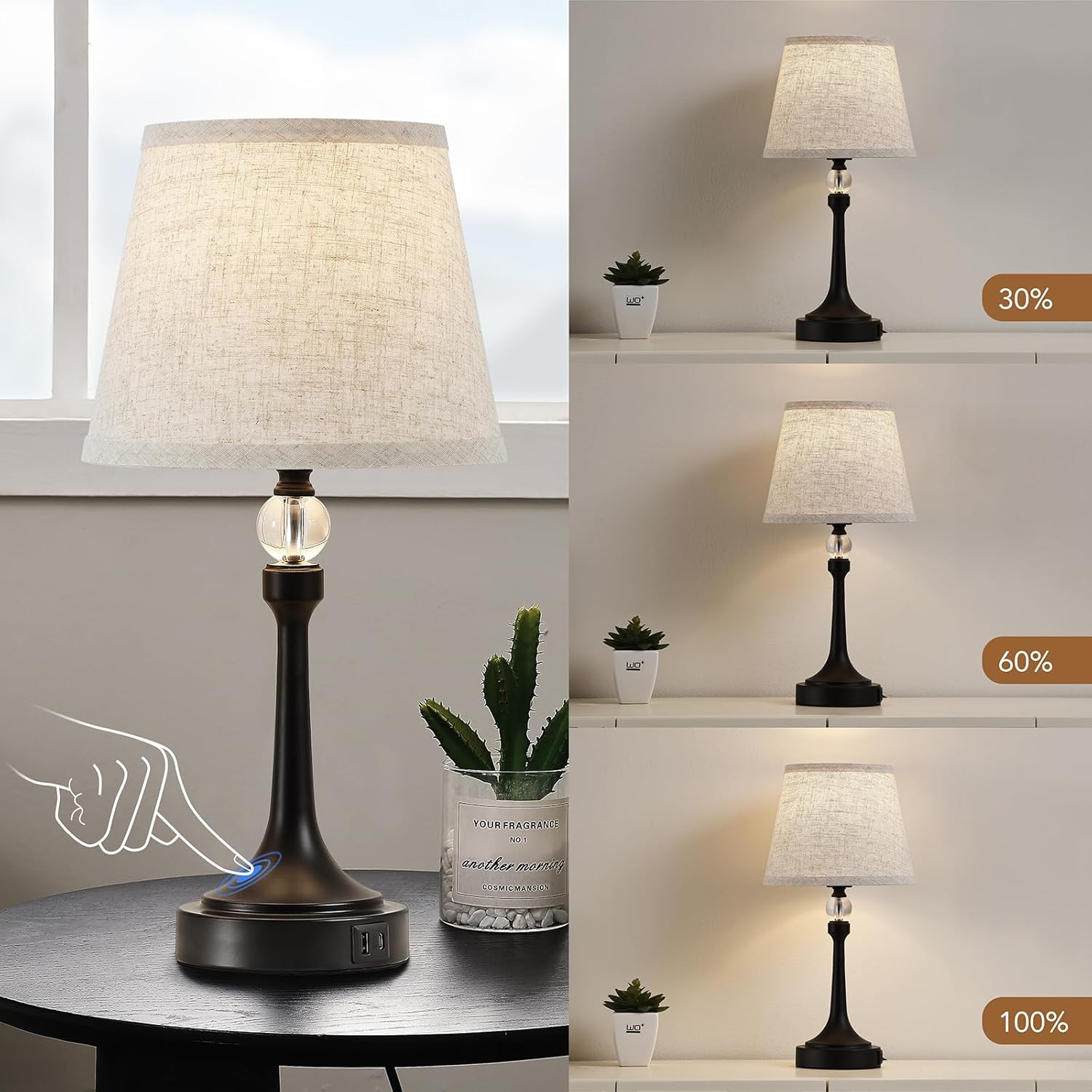 19.7'' Touch Table Lamps for Living Room, Small Lamp for Bedroom with USB C+A Ports, Dimmable Touch Lamps, Reading Desk Lamp for Office…