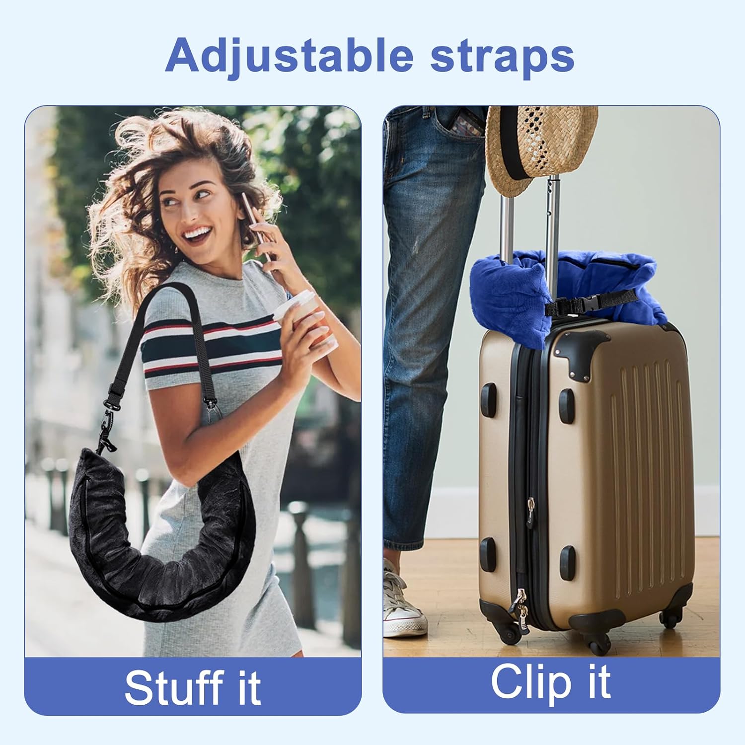 2Pack Stuffable Travel Pillow for Extra Luggage, Velvet Travel Neck Pillow with Adjustable Neck Size, Fits About 6 T-Shirts Travel…