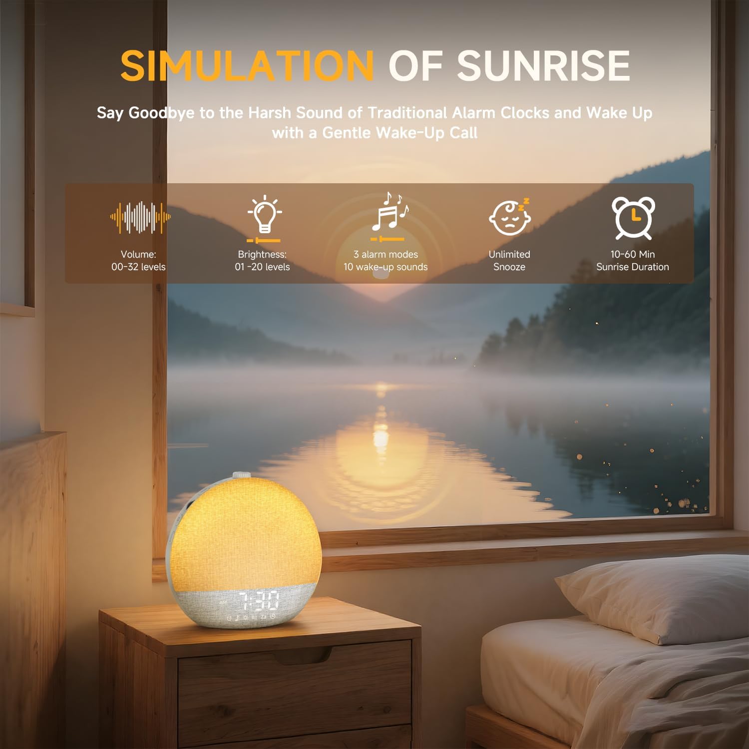 Geuuap Sunrise Alarm Clock White Noise Sound Machine for Bedroom | Natural Wake-Up Light with 30 Soothing Sleep Aids, Bluetooth Speaker…