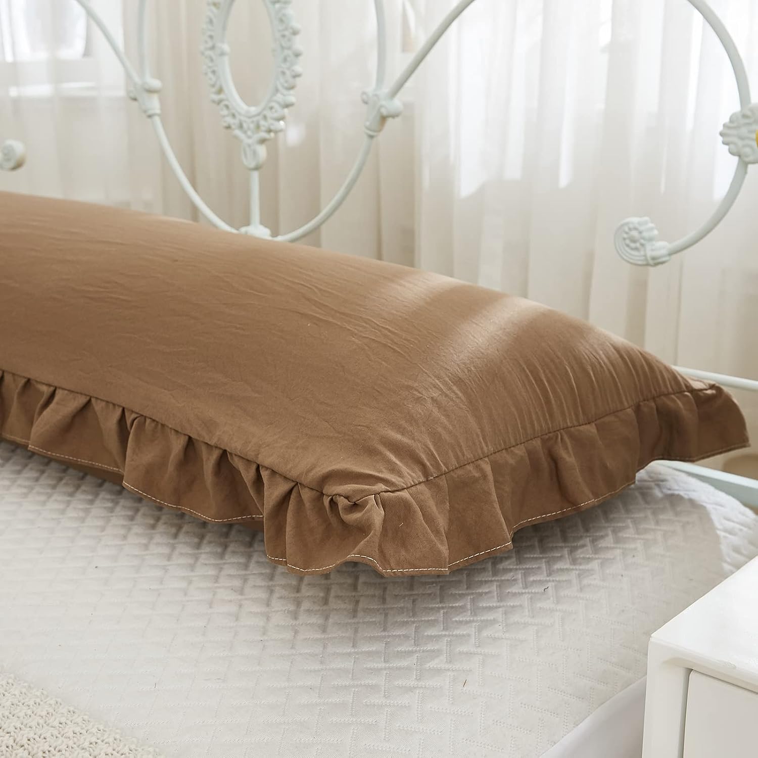 Merryword Brown Body Pillow Cover 20x54inches Long Pillowcase Ruffled Pillowcases Shabby Chic Ruffled Fringe Decor Body Ruffled Pillow Sham…