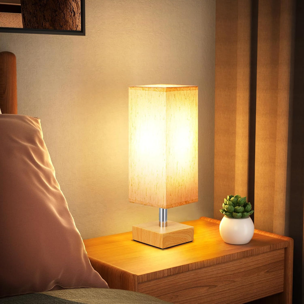 aooshine Wood Grain Table Lamp for Bedroom - Bedside Lamp for Nightstand, Minimalist Night Stand Light Lamp with Square Fabric Shade…