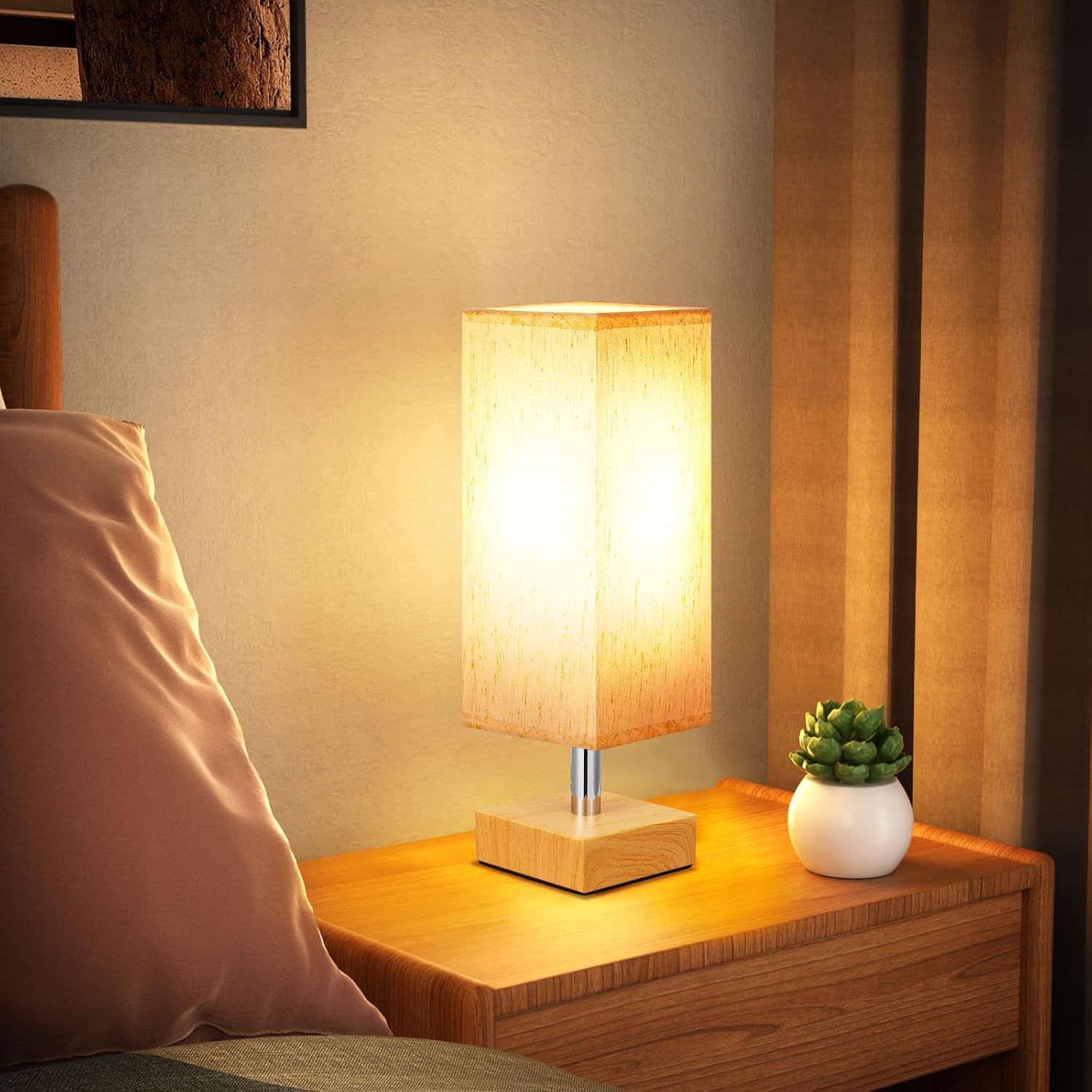 aooshine Wood Grain Table Lamp for Bedroom - Bedside Lamp for Nightstand, Minimalist Night Stand Light Lamp with Square Fabric Shade…