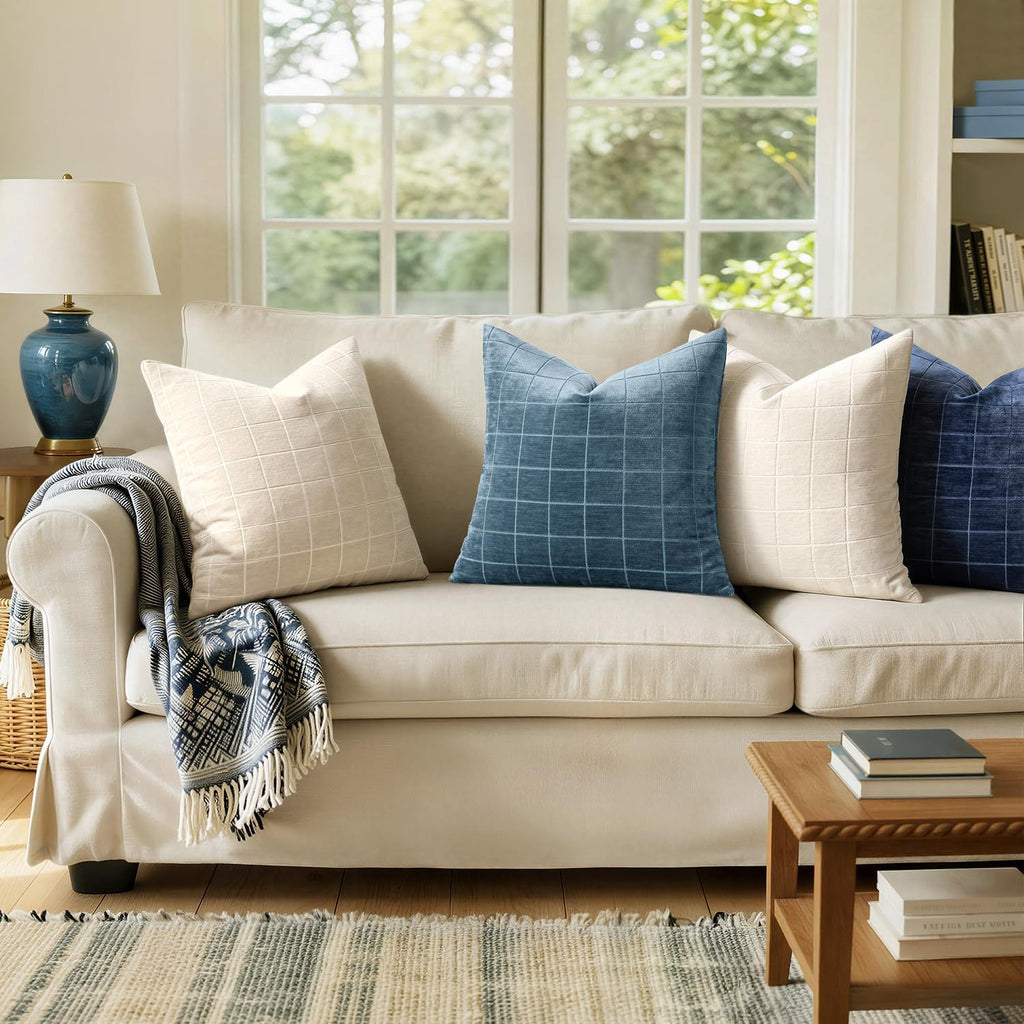 Miulee Decorative Chenille Check Throw Pillow Covers Vintage Plaid Couch Pillows 20x20 Inch Set of 2 Neutral Boho Farmhouse Cushion Covers…