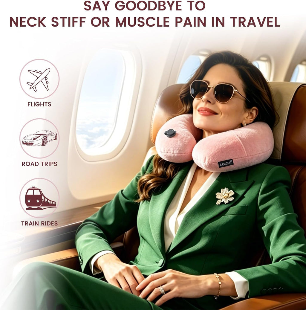 Keemall Inflatable Neck Pillow, Premium Pink U-Shaped Travel Pillow with Soft Washable Cover, Compact Portable Airplane Travel Essentials…