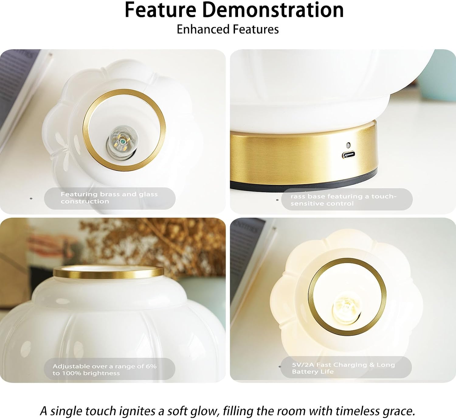 Mushroom Lamp, Cordless Rechargeable Table Lamp with Brass Base & White Glass Shade, 4W Dimmable Bedside Table Lamp, Small Vintage Desk…