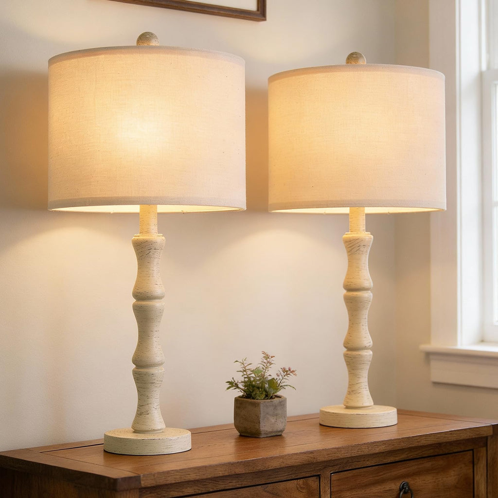 BOBOMOMO 25" Farmhouse Bedside Lamps Set of 2, Vintage Nightstand Lamps with Antique White Resin Base & Linen Shade, Standard Table Lamps…