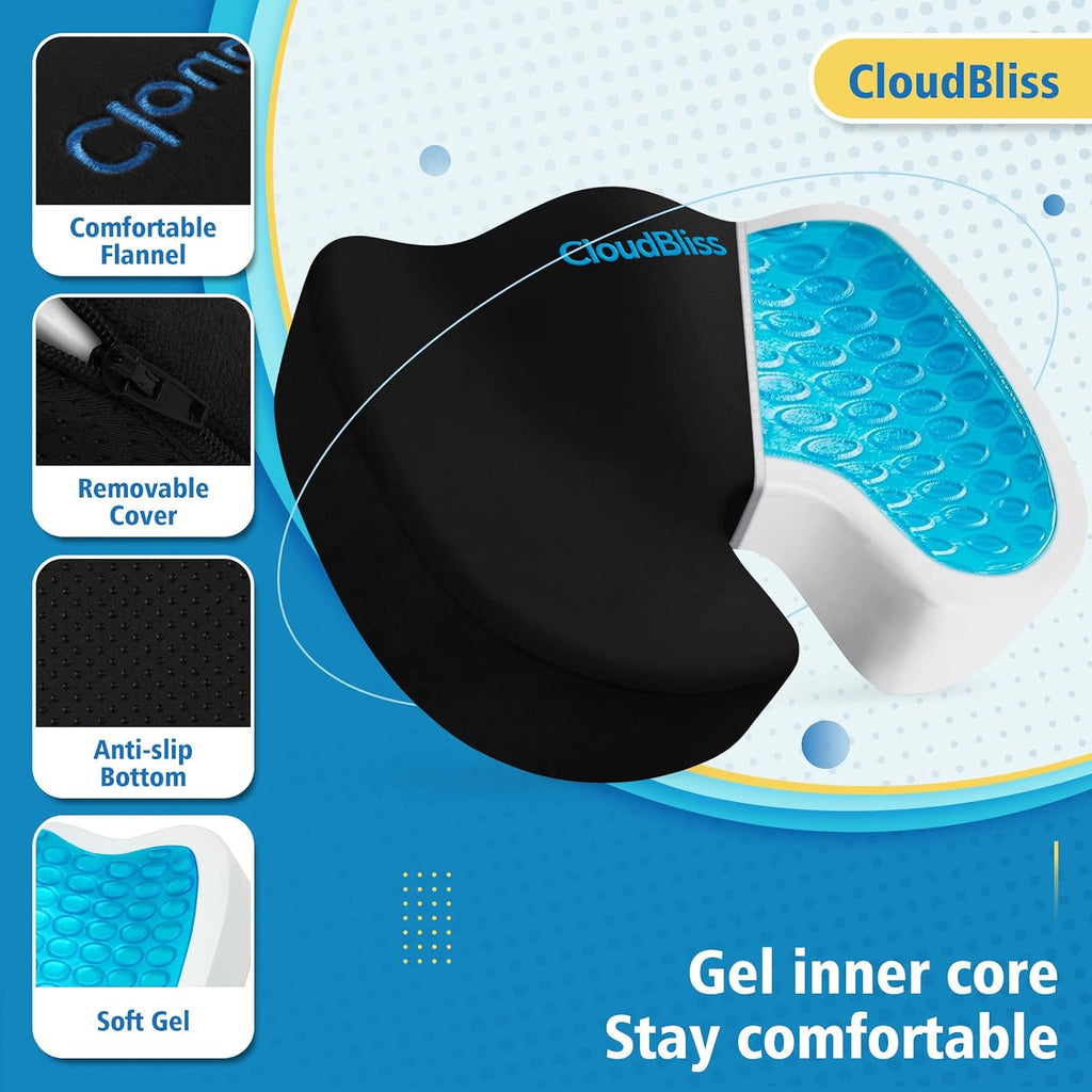 CloudBliss Gel Seat Cushion - Cooling Gel Enhanced Memory Foam Ergonomic Seat Cushion for Long Sitting for Office, Game, Car, Automotive…