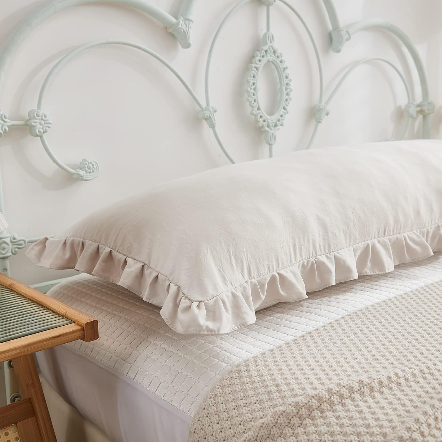 Merryword Beige Grey Body Pillow Cover 20x54inches Long Pillowcase Ruffled Pillowcases Shabby Chic Ruffled Fringe Decor Cute Body Ruffled P…