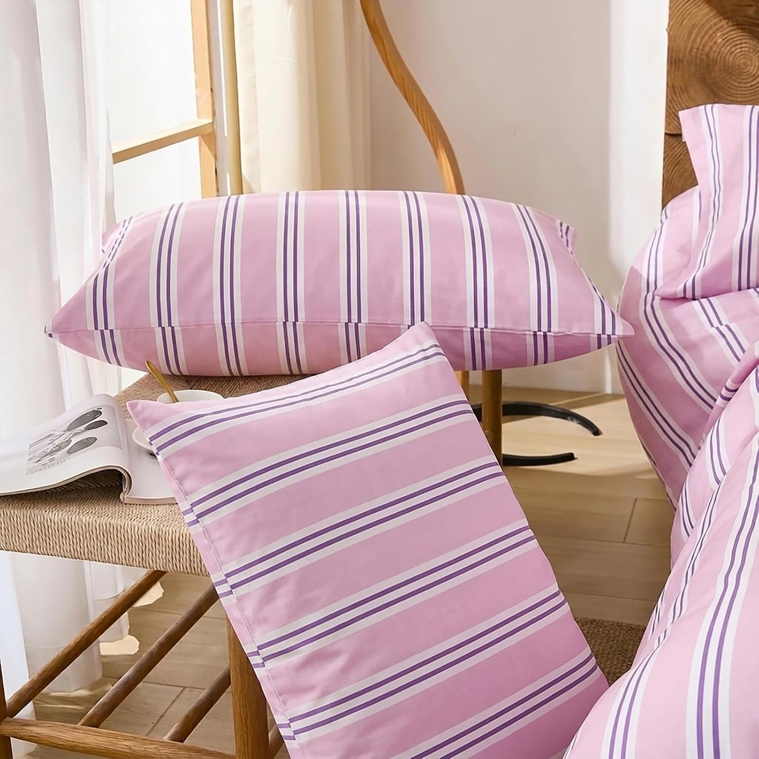 Merryword Queen Size Pillowcases, 100% Cotton Pillow Cases, Purple Striped Pillowcases, Soft Breathable Ribbon Stripe Pillow Covers, Set of…