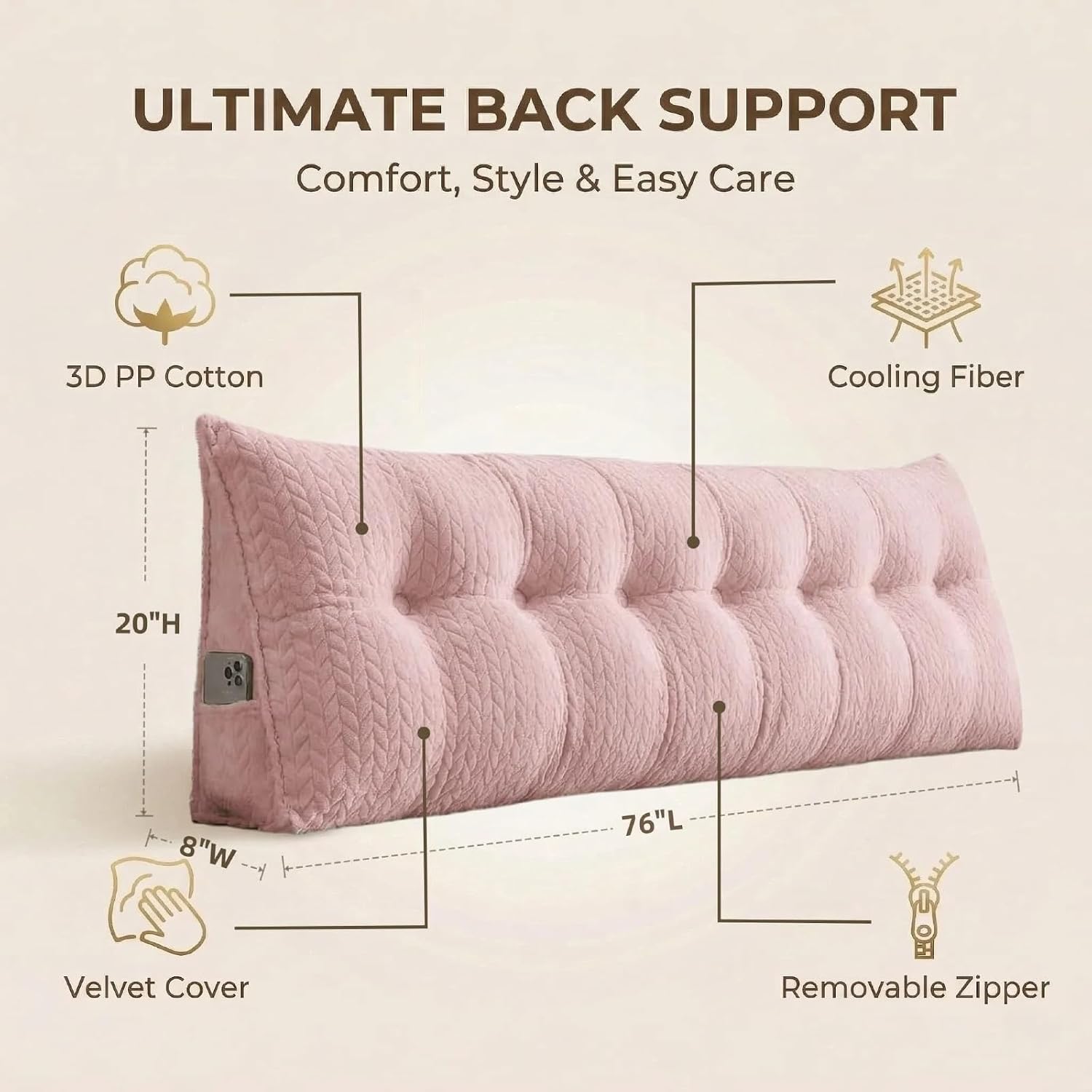 Headboard Pillow King Size, Reading Pillow for Bed, Leaf Pattern Wedge Pillow, Tufted Backrest Support, Headboard Substitute, Pink