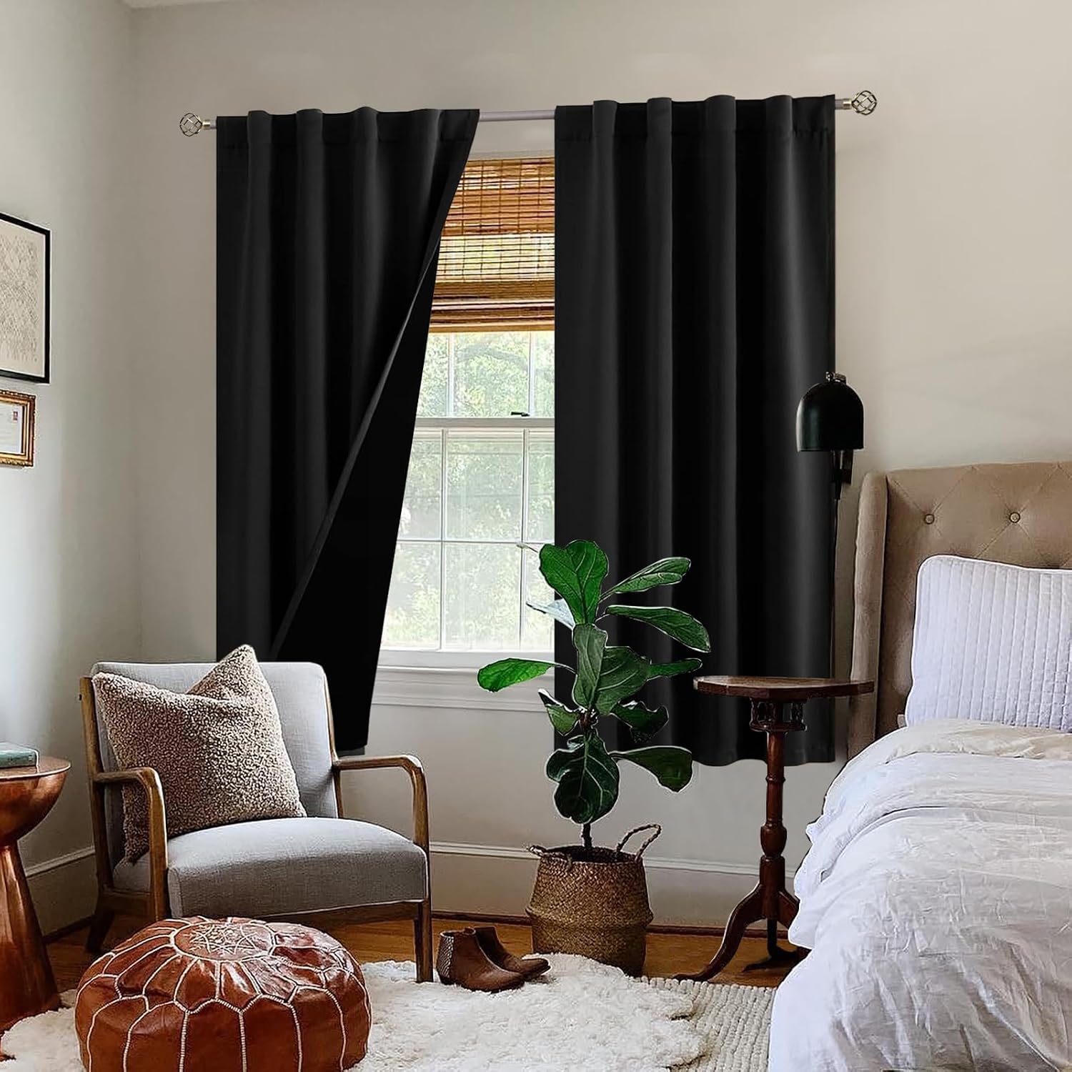 BGment Black 100% Blackout Curtains 63 Inches Long with Thermal Insulated Liner, Rod Pocket and Back Tab Double Layer Full Room Darkening…
