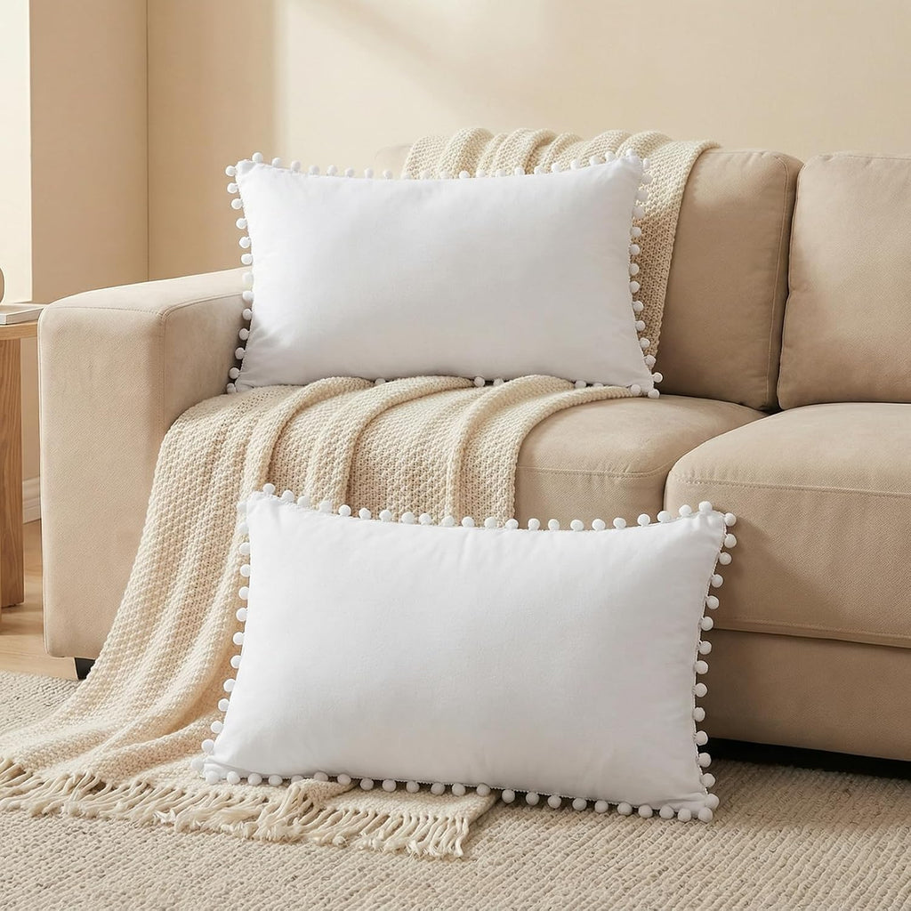 Moveover White Pillowcases, Standard Pom Poms Pillow Case Set of 2, 100% Washed Microfiber, Soft Solid White Pillow Shams, 2 Pack 2 Pack Wh…