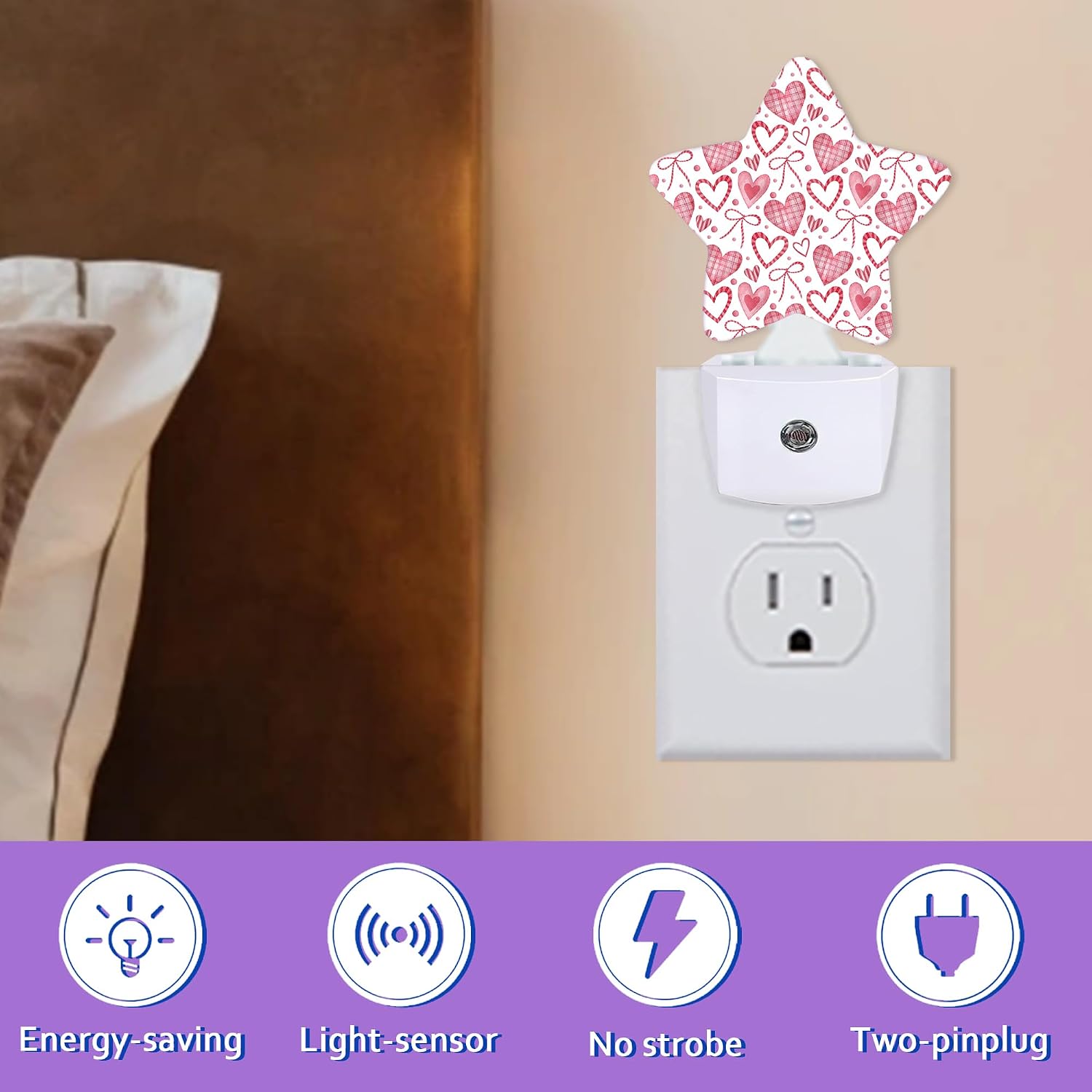 Pink Heart Night Lights Plug Into Wall Decorative, Girls Bow Sleep Friendly Lamp, Energy Efficient Dusk-to-Dawn Sensor Nightlights for Kid…