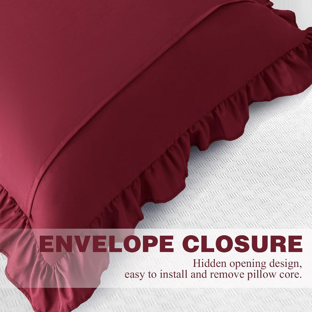 KKJIAF Ruffle Pillow Cases 26x26 Inches, Burgundy Square Ruffled Pillow Covers Set of 2, Microfiber Wrinkle Resistant Pillow Shams with…