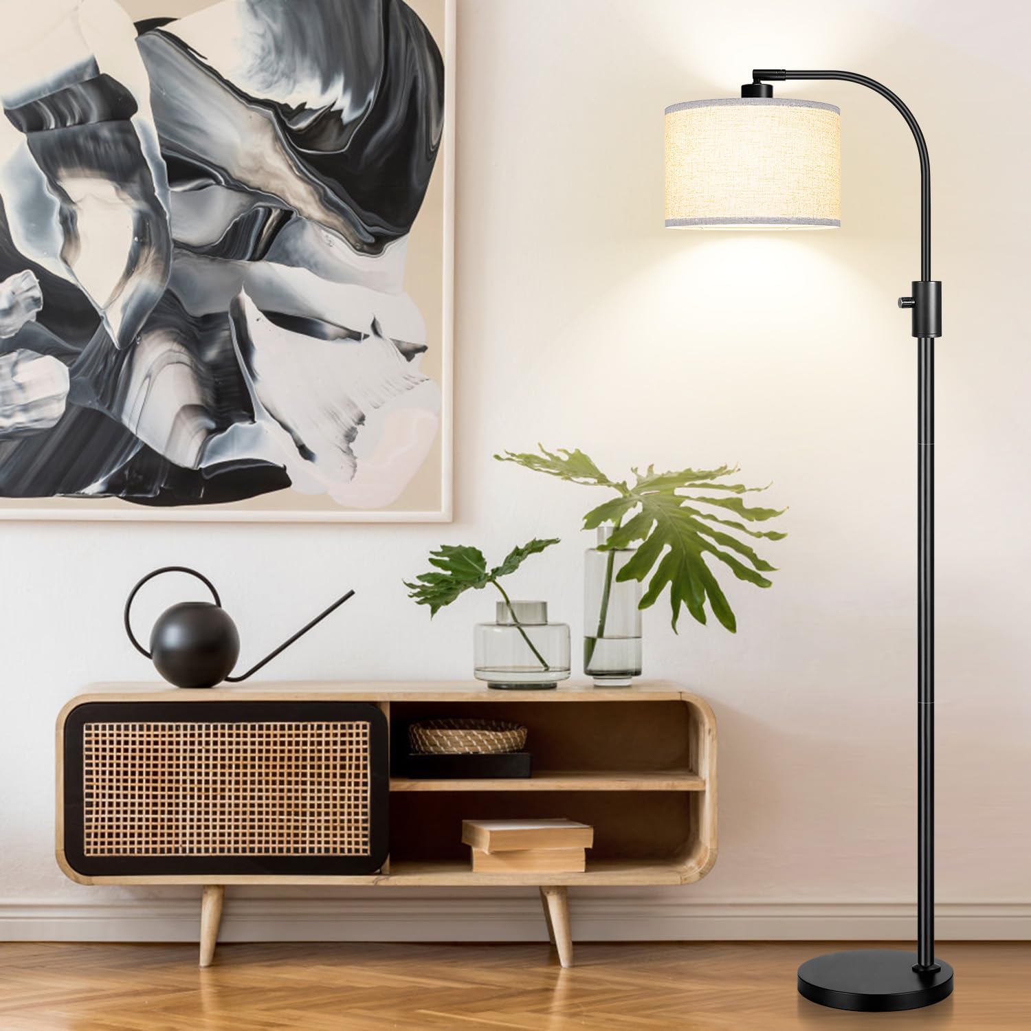 Nintiue Upgraded Modern Arc Dimmable Tall Standing Floor Lamp with Linen Shade, 1200 Lumens LED Bulb Included, for Living & Reading Room…