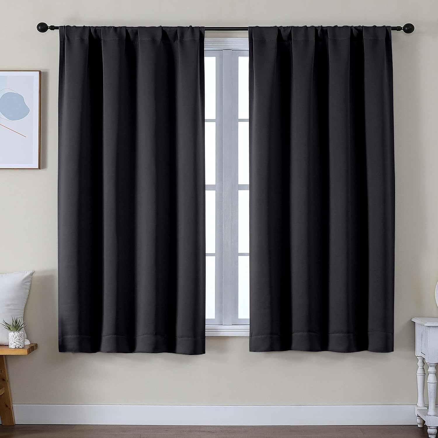 Simplebrand Ava Black Blackout Curtains for Bedroom 63 Inch Length 2 Panels Set, Solid Thermal Insulated Privacy Living Room Window Treatme…