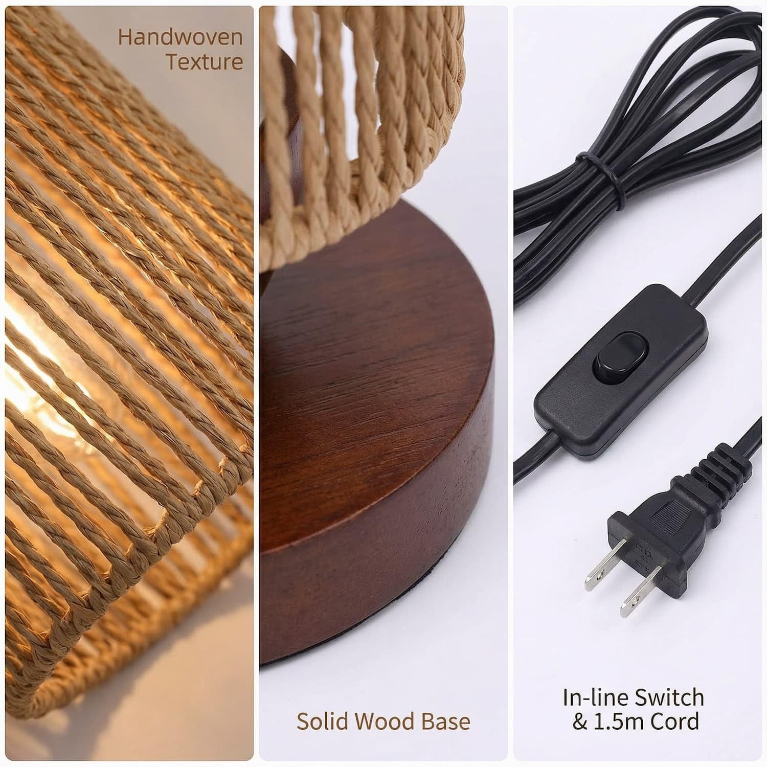 Small Rattan Table Lamp for Bedroom, Boho Bedside Lamp with Warm LED Bulb, Handwoven Wicker Nightstand Lamp for Nursery, Entryway & Dorm…