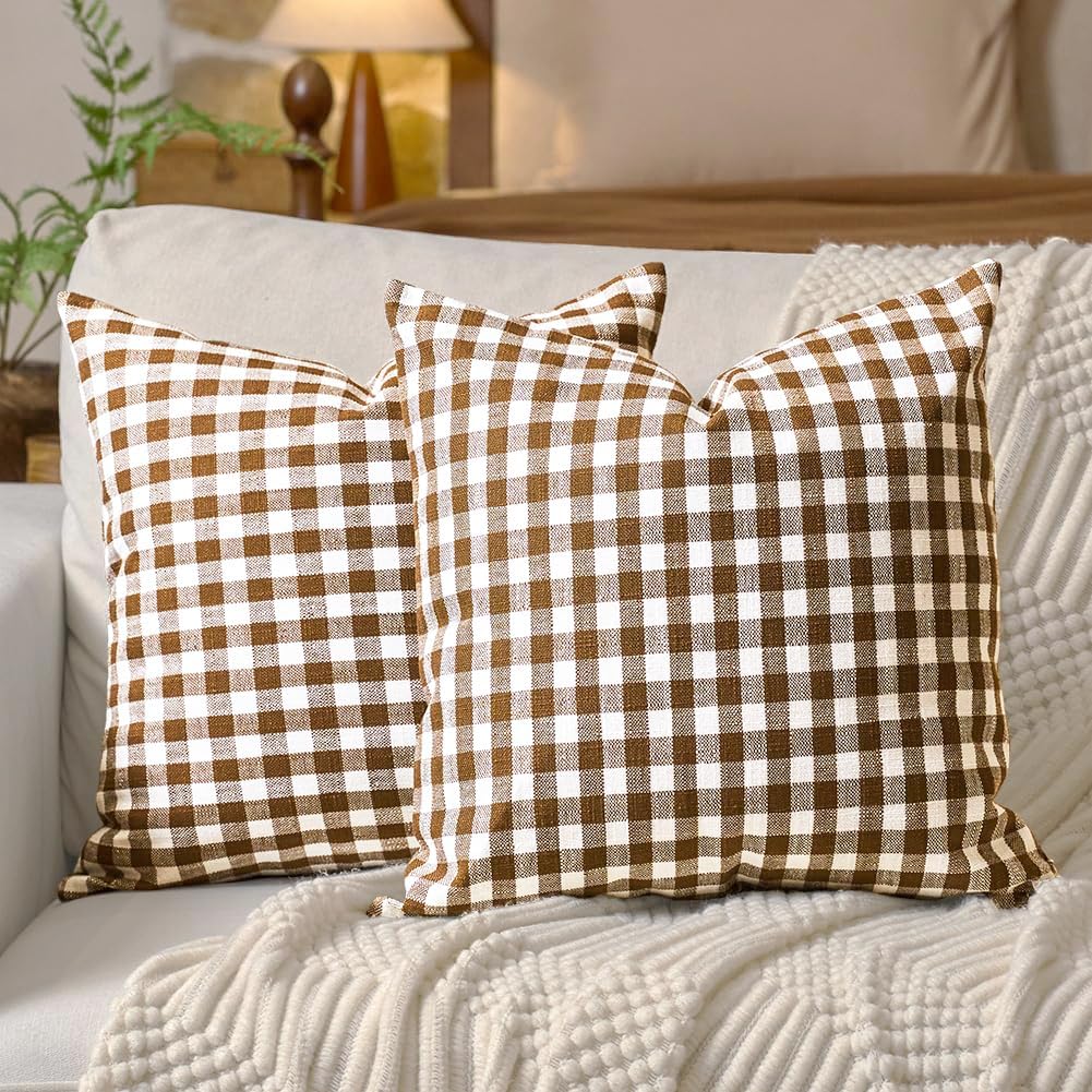 CARRIE HOME Outdoor Khaki and White Buffalo Plaid Pillow Covers 20x20 Set of 2, Khaki White Gingham Check Pillows Decorative Throw Pillow…