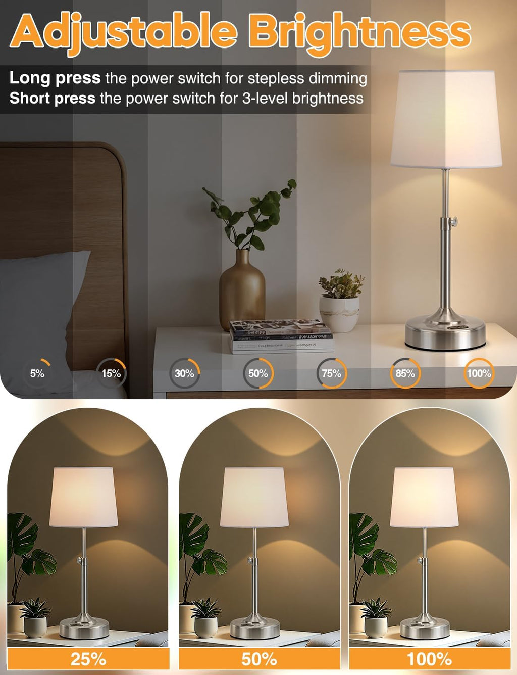 Height Adjustable Cordless Table Lamp with 2H/4H/6H Timer, Rechargeable Battery Operated Lamp Dimmable, Portable Battery Lamp for Camping…